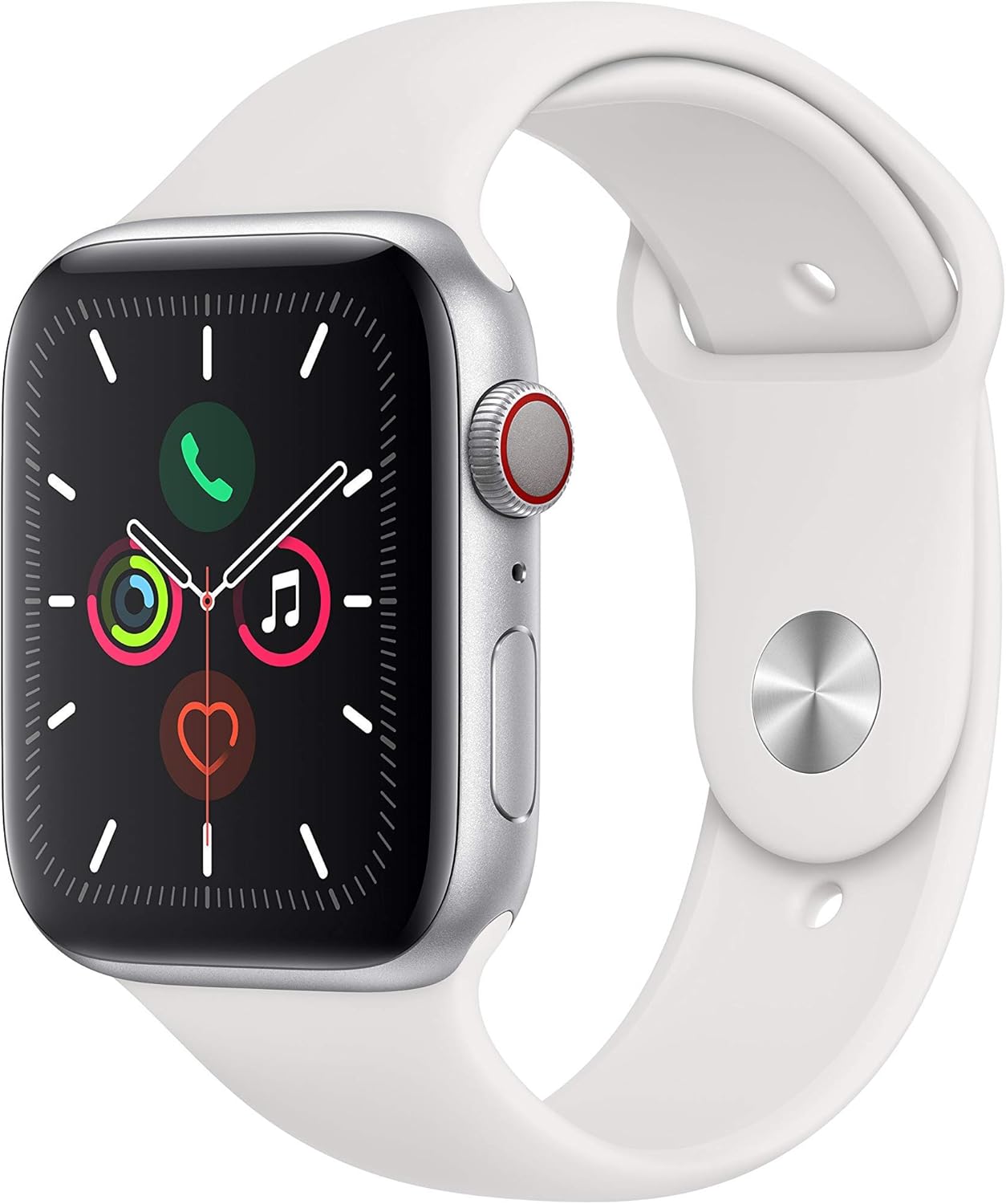 Apple Watch Series 5 44 mm (GPS + Cellular) – Silver Aluminium Case with White Sport Strap (Refurbished)