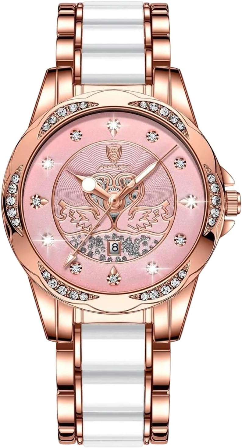 RORIOS Women's Luminous Rhinestone Analogue Quartz Watch with Stainless Steel Strap Fashion Waterproof Wrist Watches