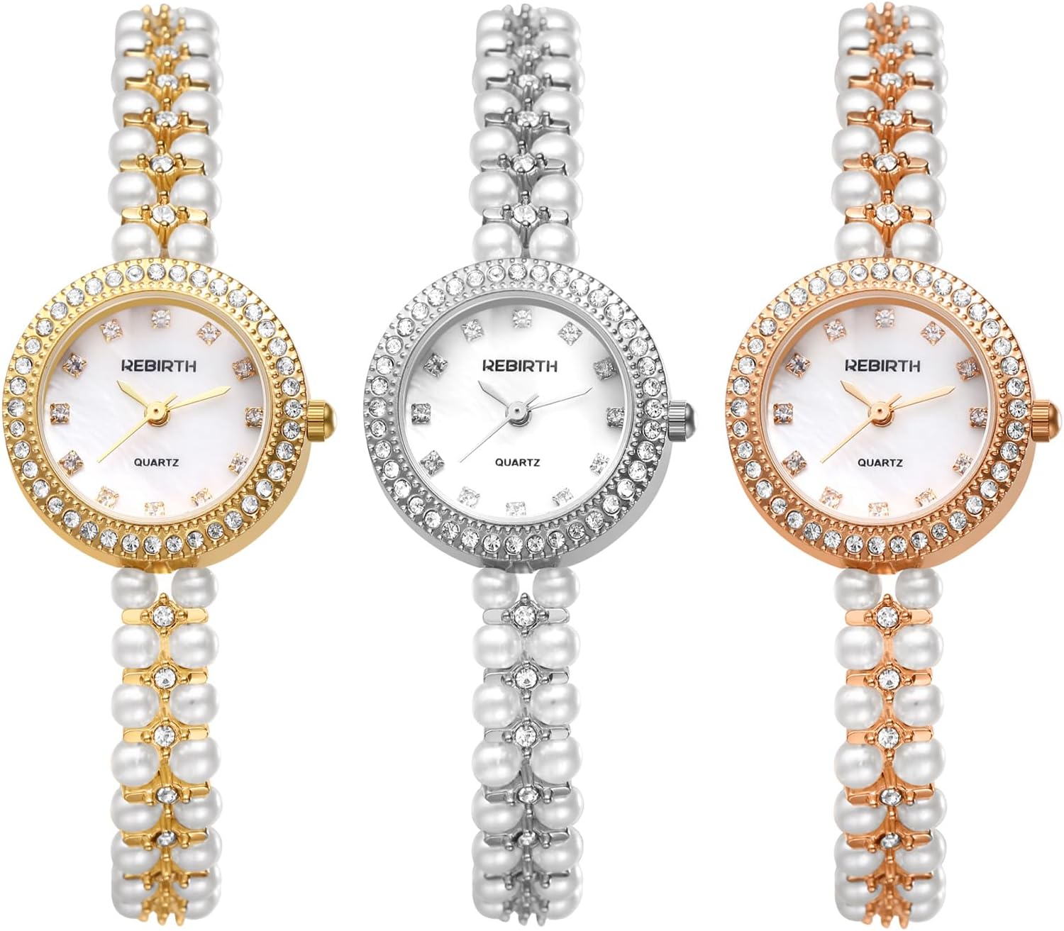 JewelryWe Women's Pearl Wrist Watch: Small Quartz Wrist Watch with Brilliant Diamond Gift Ideas for Her