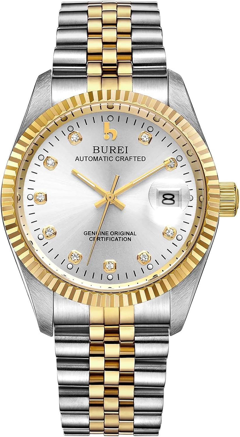 BUREI Men's Automatic Wrist Watch Anti-Scratch Synthetic Sapphire Lens with Gold Dial and Two Tone Stainless Steel Bracelet