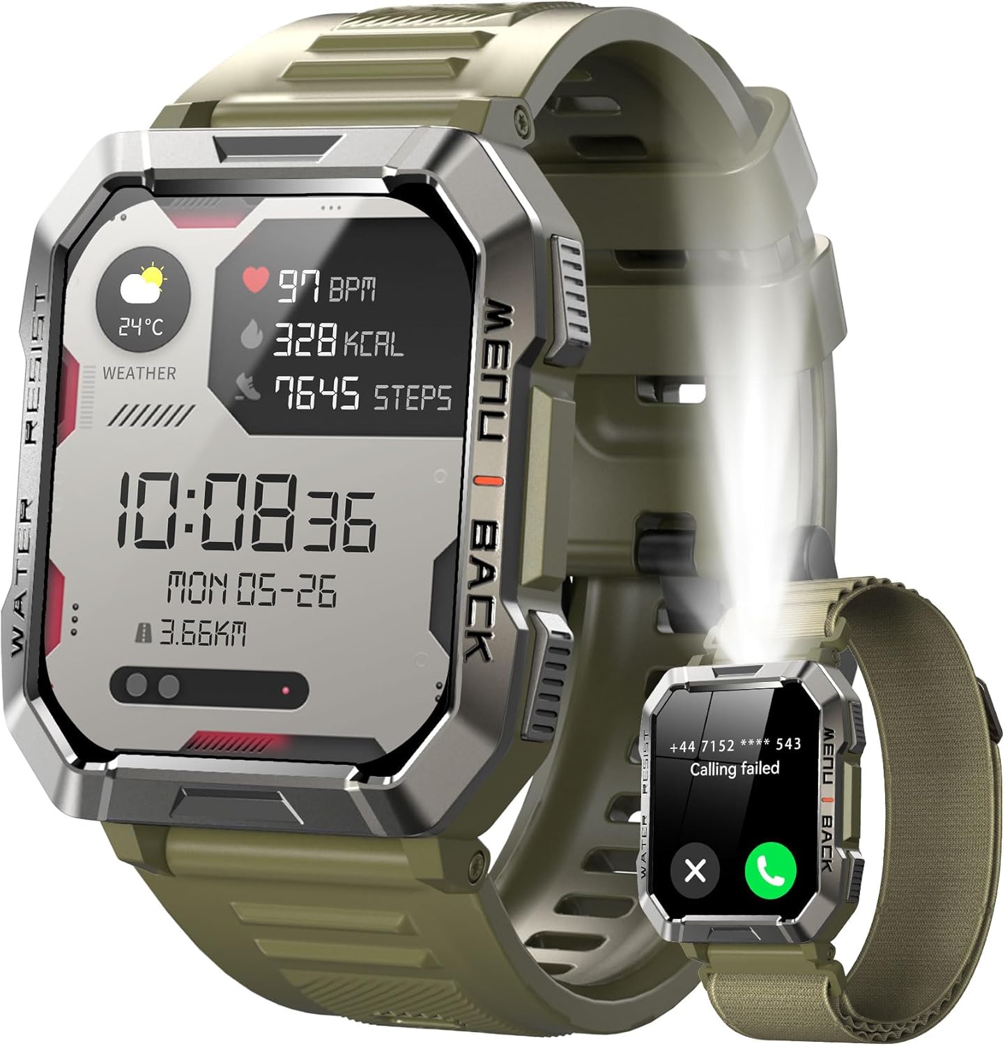 IOWODO Military Smartwatch for Men Bluetooth Calls, 100 Days Battery/Torch/Compass/Heart Rate Monitor/Sleep/SPO₂/100+ Sports Modes Fitness Tracker, Waterproof IP68, Android iOS/2 Strap