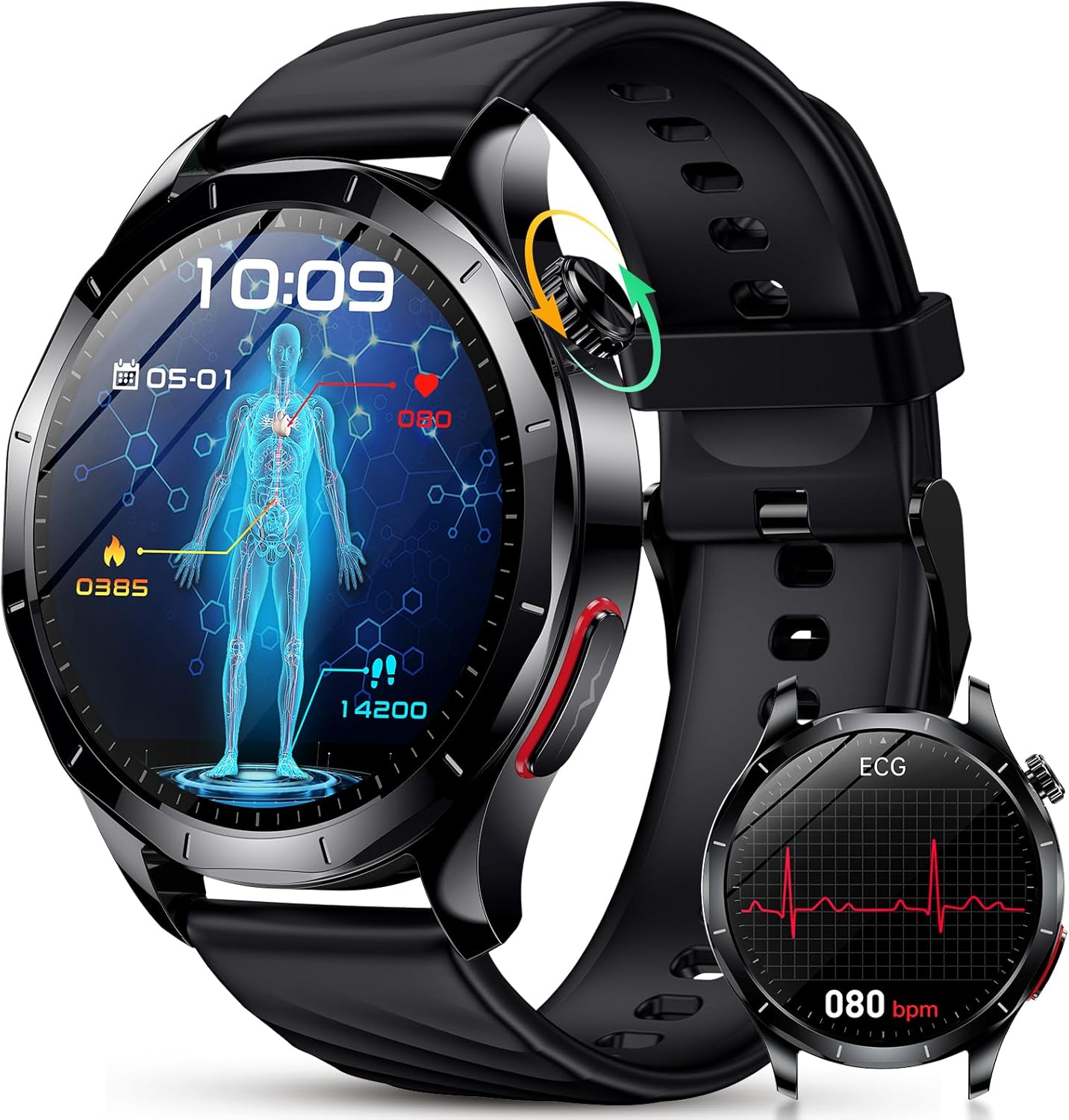 YUPENG Men's Smartwatch with ECG/HRV/Uric Acid/Trim/Lipid/1.43 Inches AMOLED Watch 24H Blood Pressure, Heart Rate Monitor, Sleep, Calls, SOS, IP68 Fitness Tracker for Android and iOS