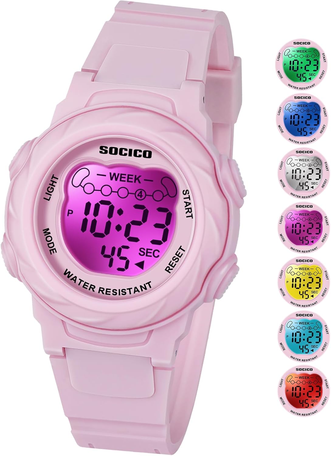 SOCICO Kids Digital Watch, 5ATM Water Resistant, 7 Color Illuminated Kids Watch with Alarm and Stopwatch for Girls Boys 5-12 Years Old