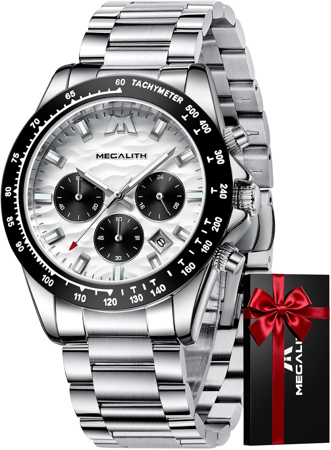 MEGALITH Men's Chronograph Watch, Elegant Watch, Steel Analogue Watch, White Silver Black Classic