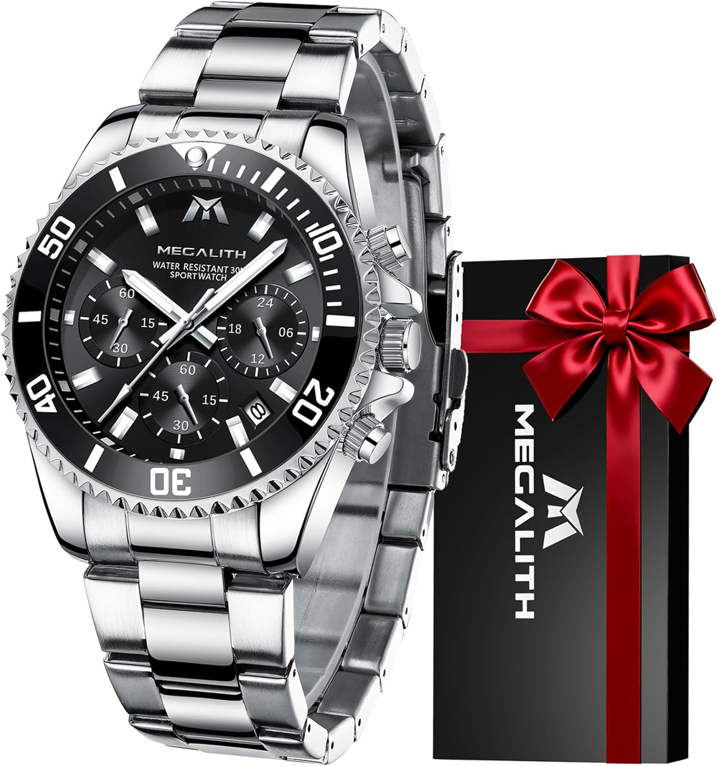 MEGALITH Men's Steel Chronograph Quartz Watch – Designer Wristwatches Large Waterproof Luminous Date