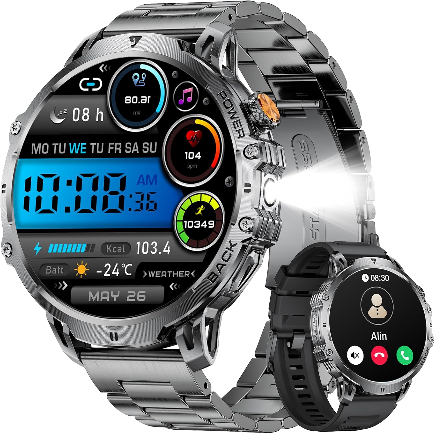LIGE Men's Smartwatch with Bluetooth Calls/LED Flashlight, 1.85 Inches Military Smartwatch for Men, 110 + Sports Modes, 1000 mAh Battery/Sleep/IP68 Waterproof Smart Watch for Android IOS
