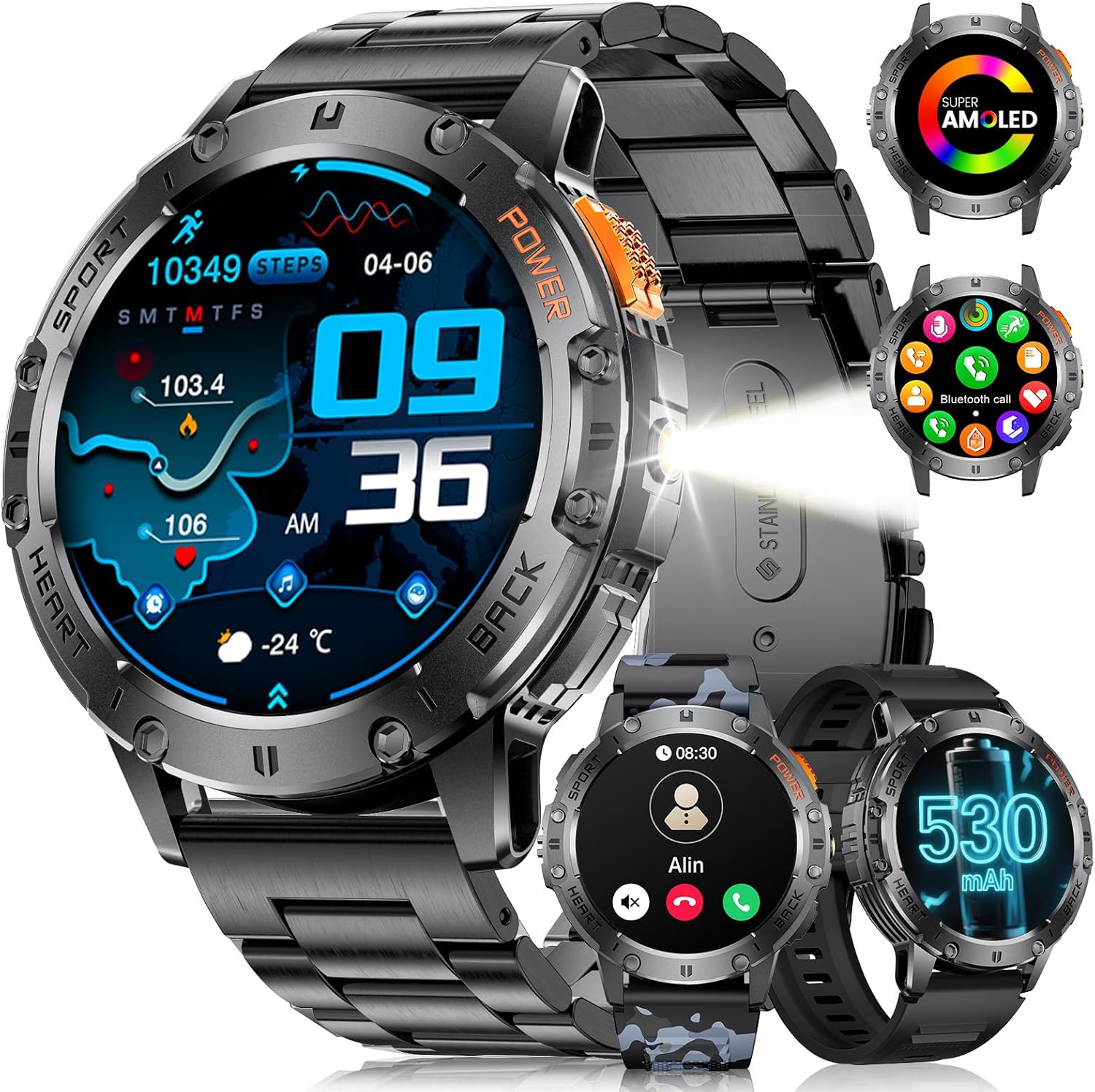 LIGE Men's Smartwatch with Bluetooth Torch/Calling, 100+ Sports Modes, Fitness, Waterproof, 1.43 Inch AMOLED Smartwatch Watch for iOS Android, Steel Black/Silicone Camouflage (3 Straps)