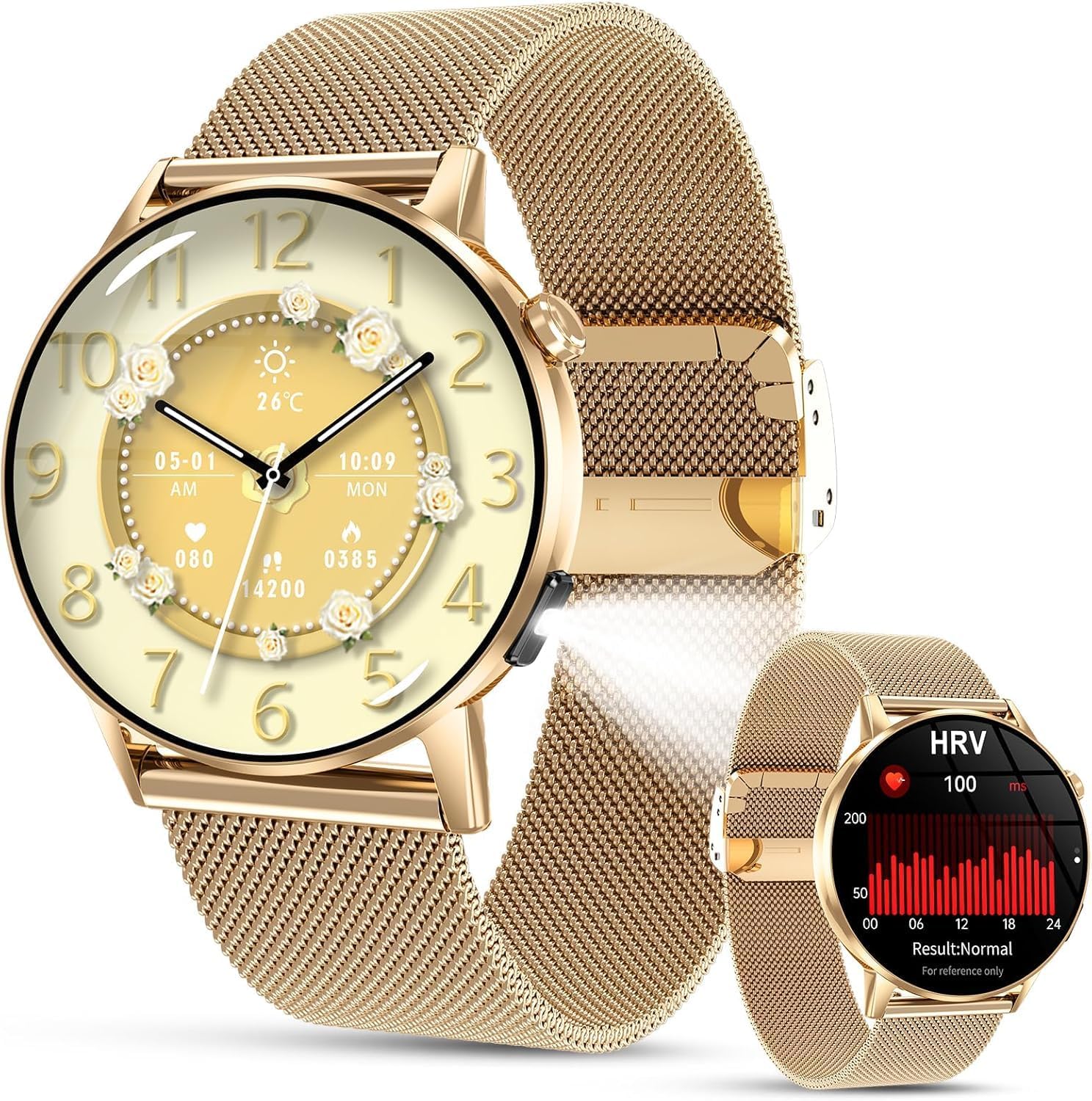 Women's Smartwatch 1.32 Inches AMOLED Round Health Watch with 24H Menstrual Cycle/Blood Pressure/HRV/Sleep/Heart Rate/SpO2, Bluetooth Calls & Torch, IP68 iOS Android