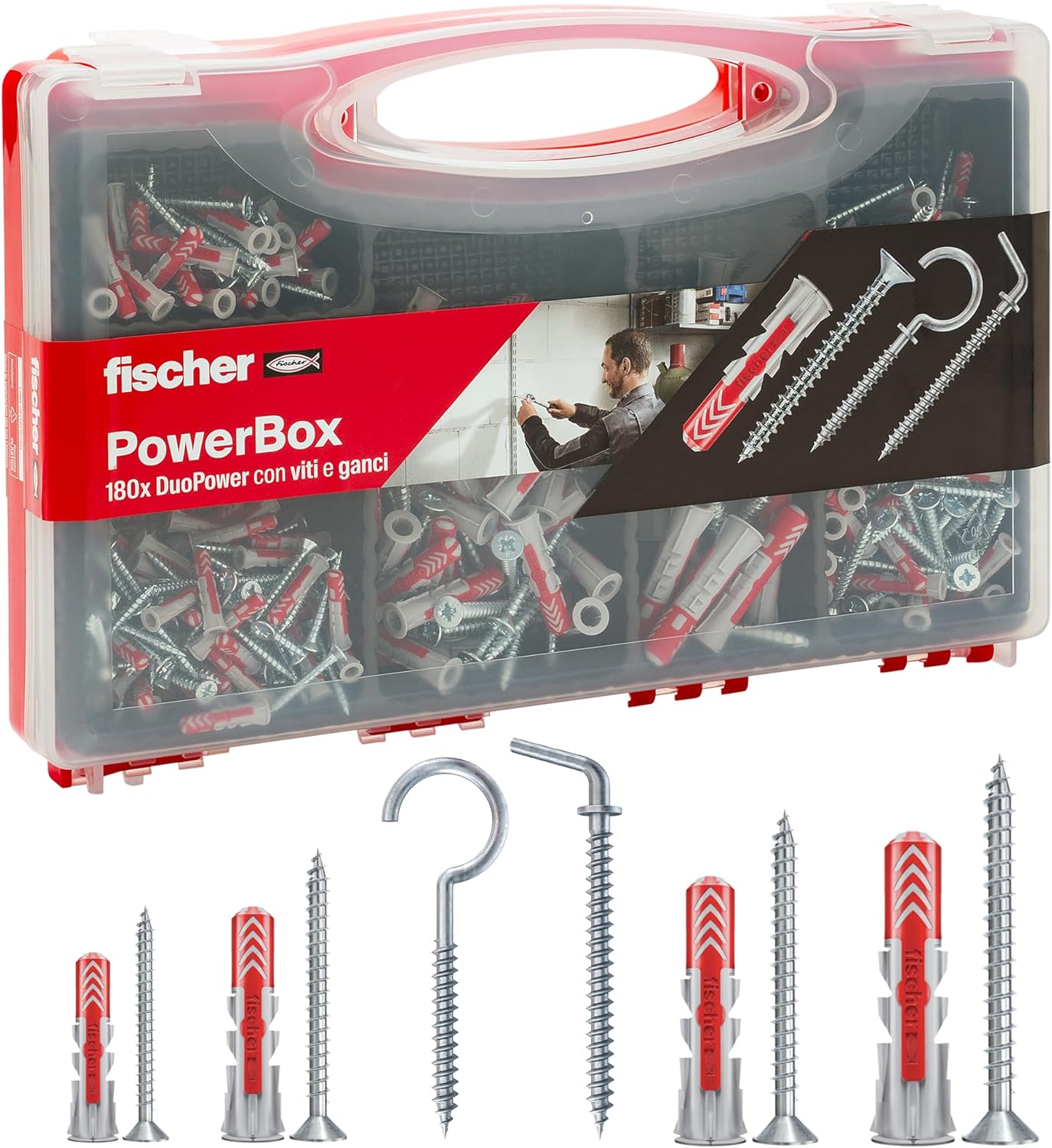 Fischer PowerBox 564282 DuoPower 180 Dowels with Screws and Hooks for Solid Wall, Drilled and Drywall, 360 Pieces Total