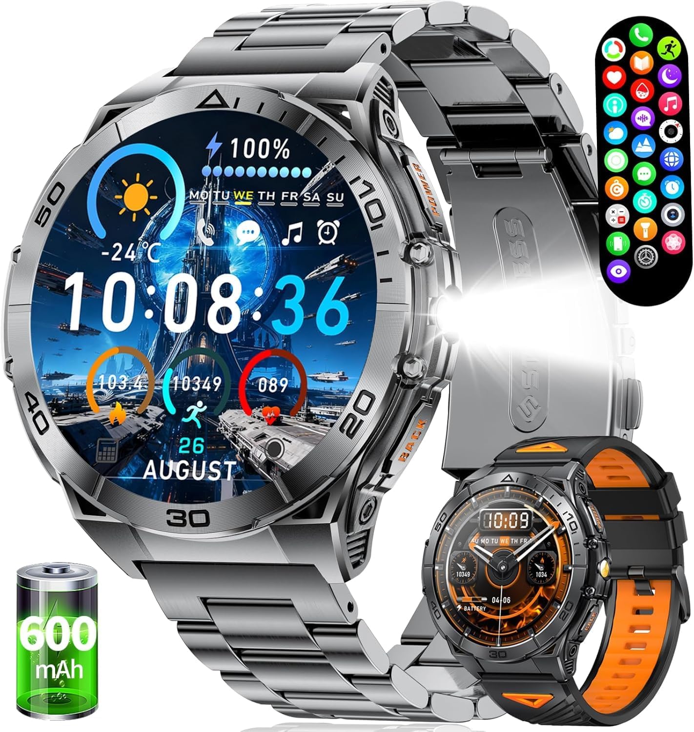 SUNKTA Men's Smartwatch with 600 mAh Battery/Ultra-Long Standby 30 Days, 1.6 Inch AMOLED Fitness Watch with Call 24H Heart Rate SpO2 Sleep SOS Button, 5 ATM Smart Watch Android iOS