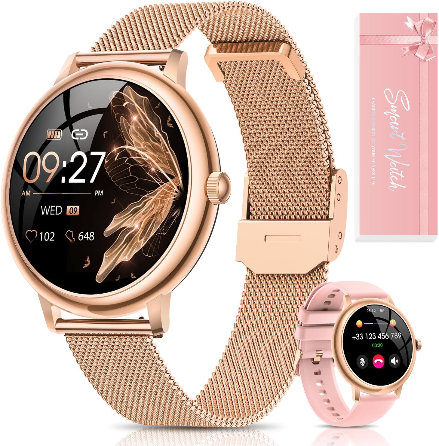 RUXINGX Women's Smartwatch Watch, Small Round with Phone Function, AMOLED Display 1.19 Inches, Menstrual Cycle Heart Rate SpO2 Sleep Calorie Steps iOS Android Gift, Gold