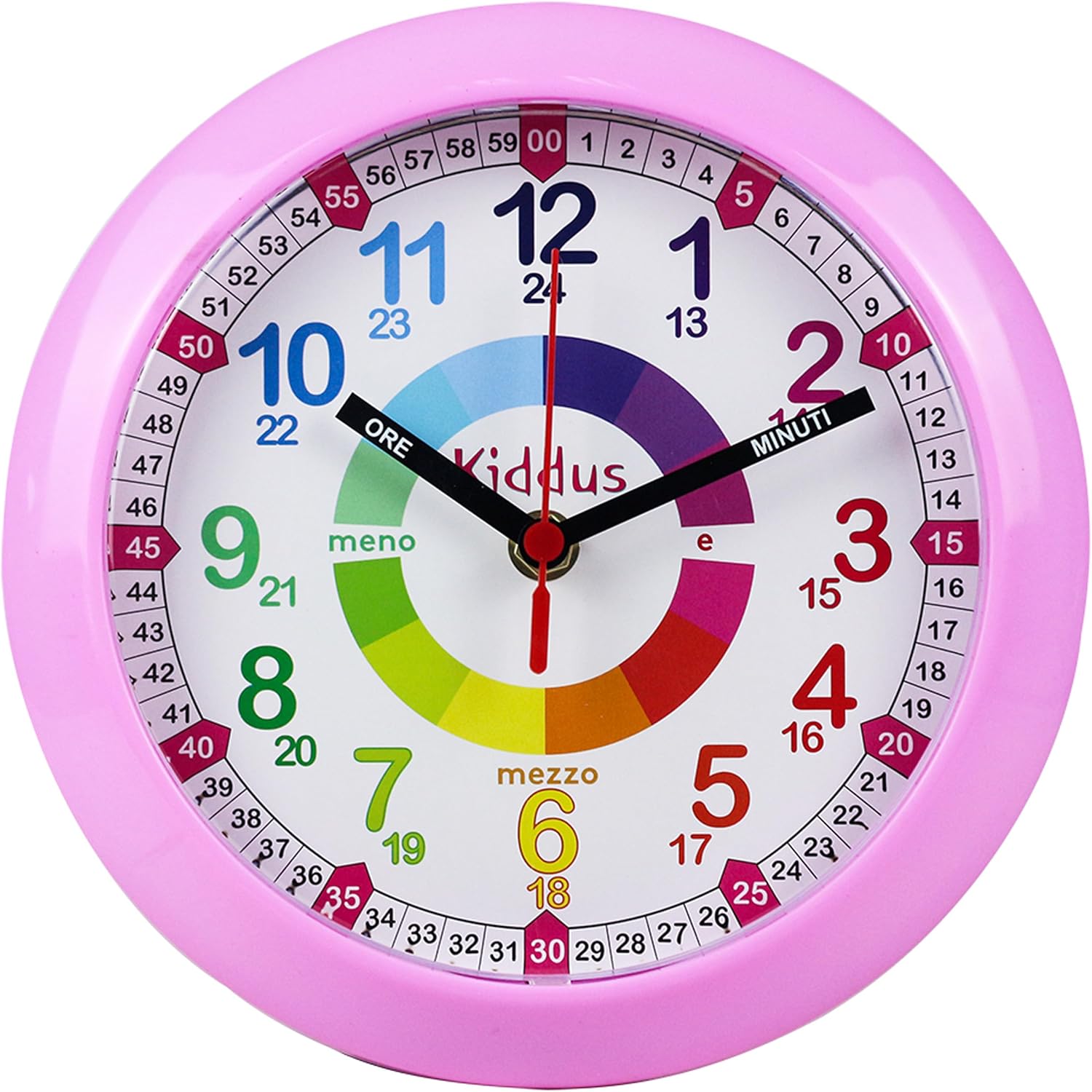 Kiddus Educational Wall Clock for Children, Teenagers, Analogue, Learning to Read the Time, Silent Quartz Movement, Pink