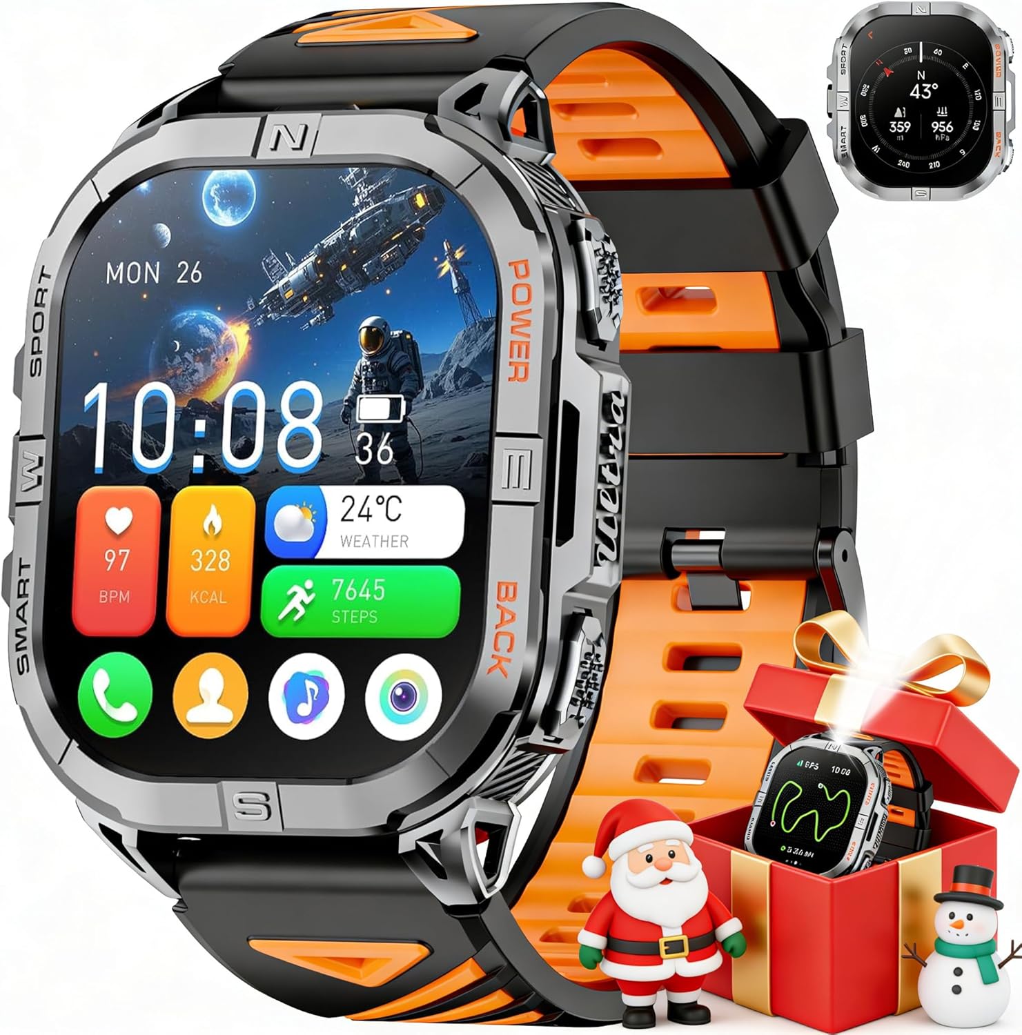 GPS Smartwatch for Men, 2.13 Inches AMOLED Military Watch with LED Torch, Compass, 100+ Sports Modes, Health Monitor, Bluetooth Calls, Waterproof 3ATM for Android iOS (Black)