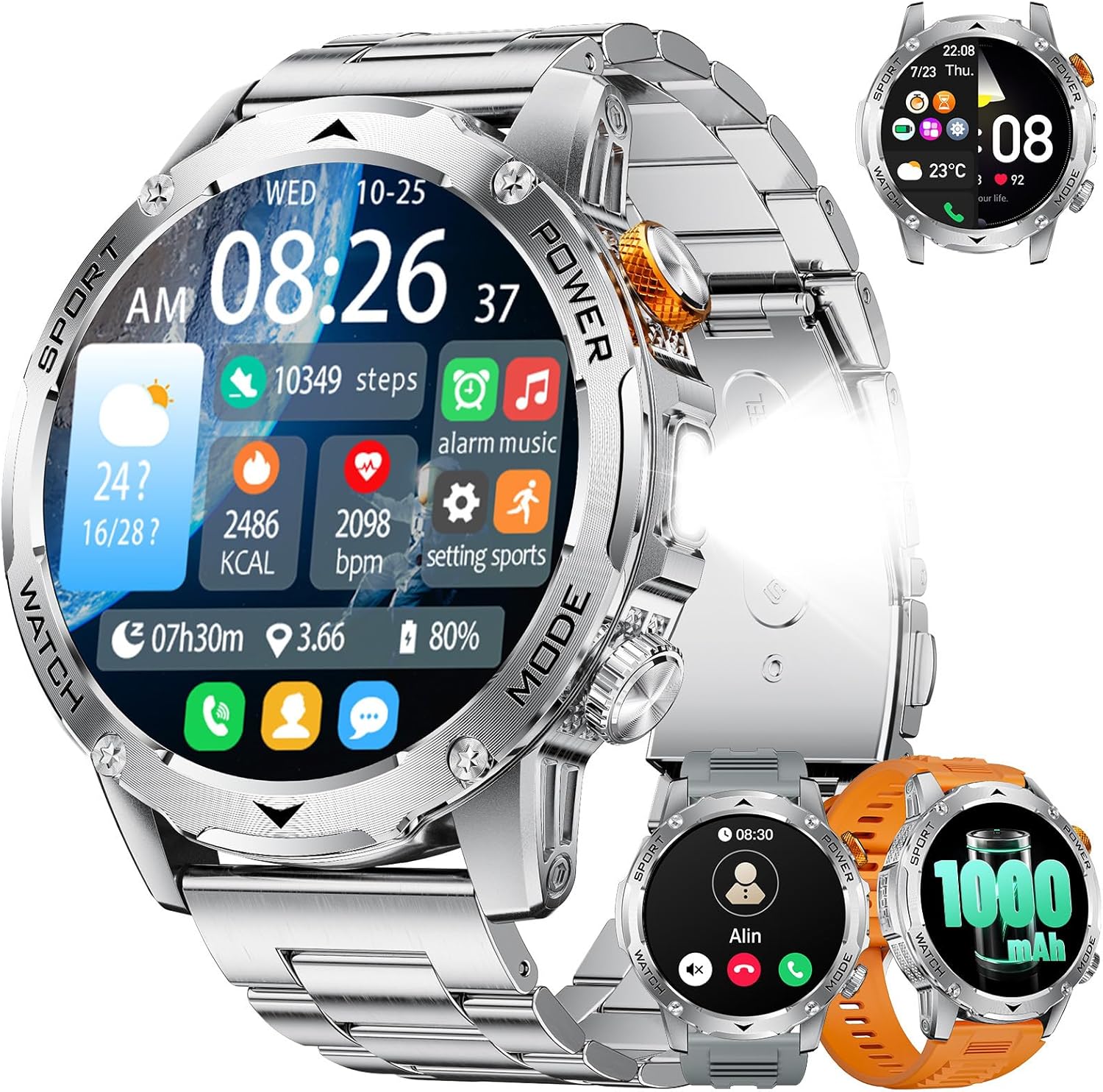 LIGE Men's Smartwatch with 1000 mAh Battery, 1.75 Inches Smart Watch with Bluetooth Call/3 Straps/110 + Sports Modes, IP68 Waterproof, Sleep/Heart Rate Monitor for Android iOS, Silver