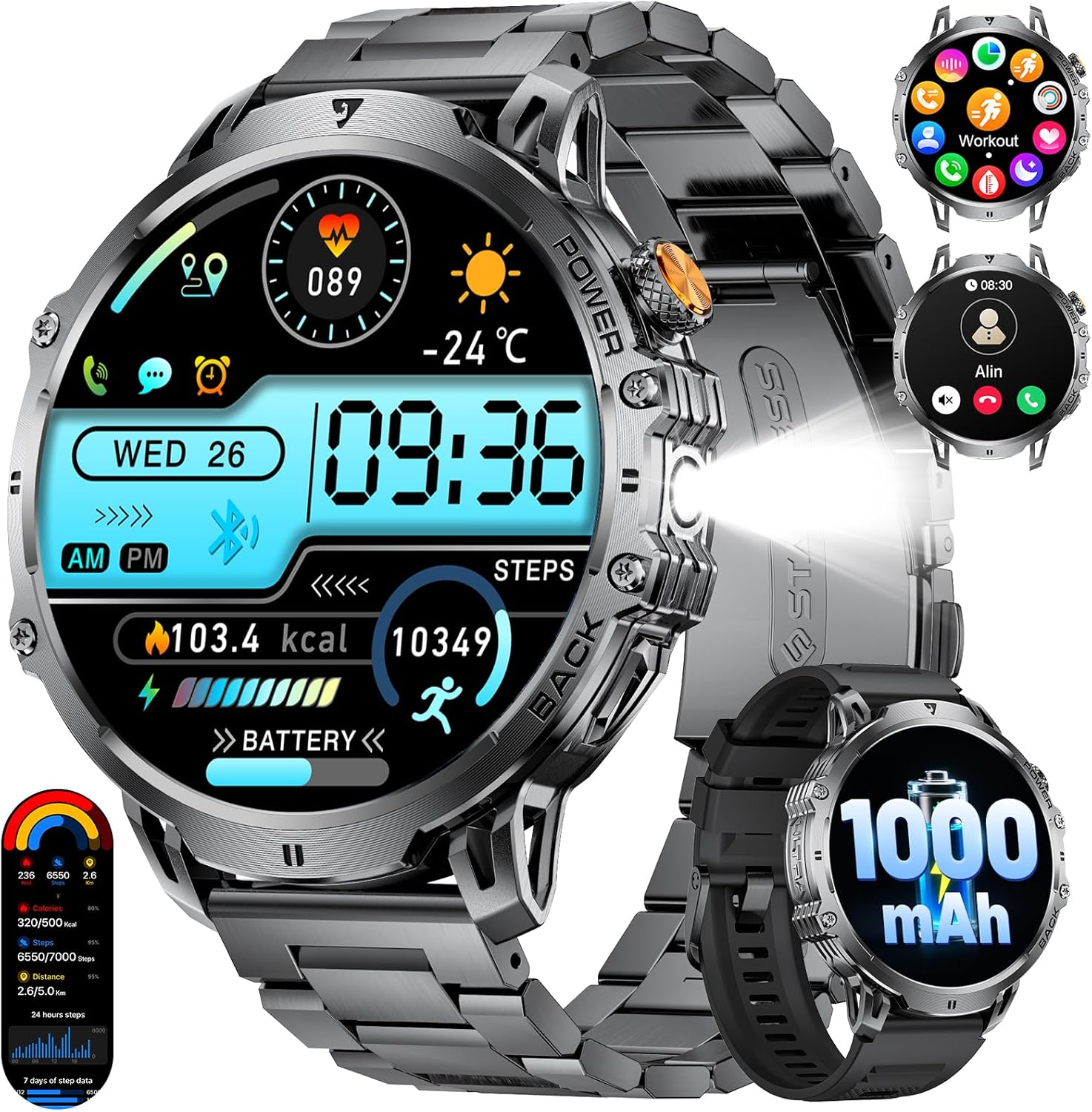 Men's Smartwatch with 1000 mAh Battery, 1.85 Inches Large Screen Smart Watch Military with LED Torch, Calls for Android iOS, IP68 Waterproof, 120 Sports Modes Fitness Tracker, Black