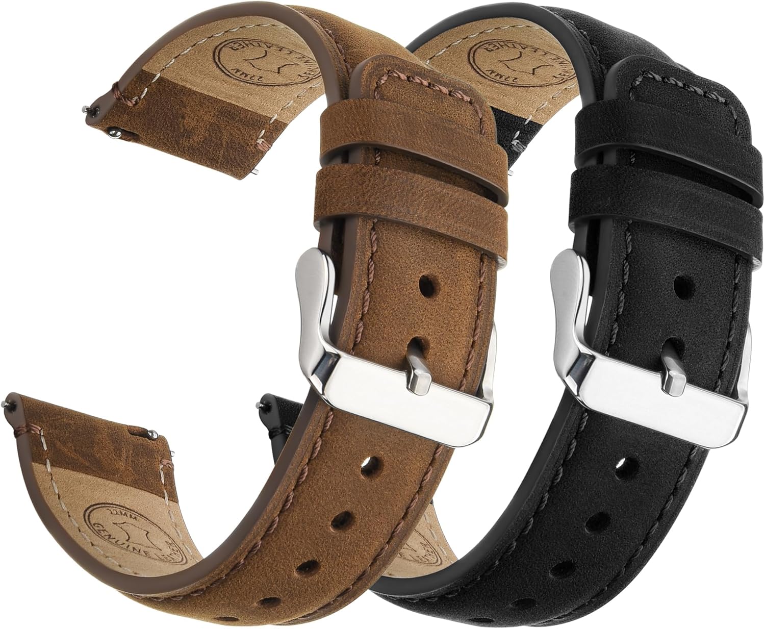 Fullmosa 2 Pieces 20 mm Genuine Leather Watch Strap for Men and Women, Quick Release Strap for Samsung Galaxy Watch 7 6 5 4 40 mm 44 mm, Replacement Straps for Smartwatch, Coffee&Black