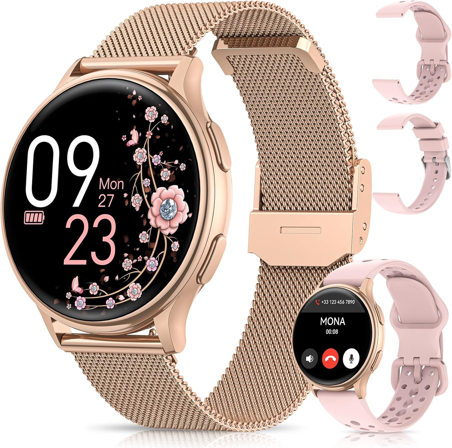 Women's Smartwatch, 1.27 Inch HD Smartwatch with Bluetooth 5.3 Calls, 3 Straps, Female Physiology, 24H Heart Rate, SpO2, Sleep, IP68 Notifications Messages iOS Android Rose Gold