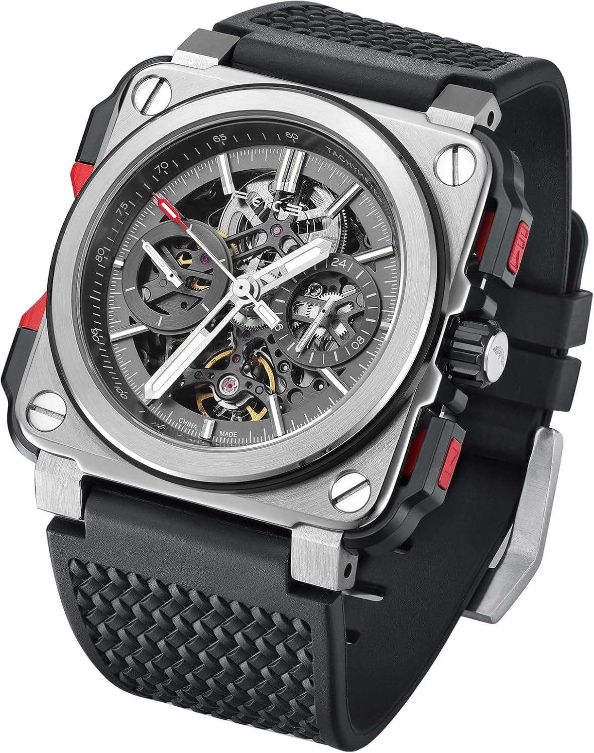 FEICE FM507 Men's Skeleton Square Automatic Mechanical Watch Sapphire Glass Black Dial Engraved Waterproof 10 ATM, Black, vintage dress