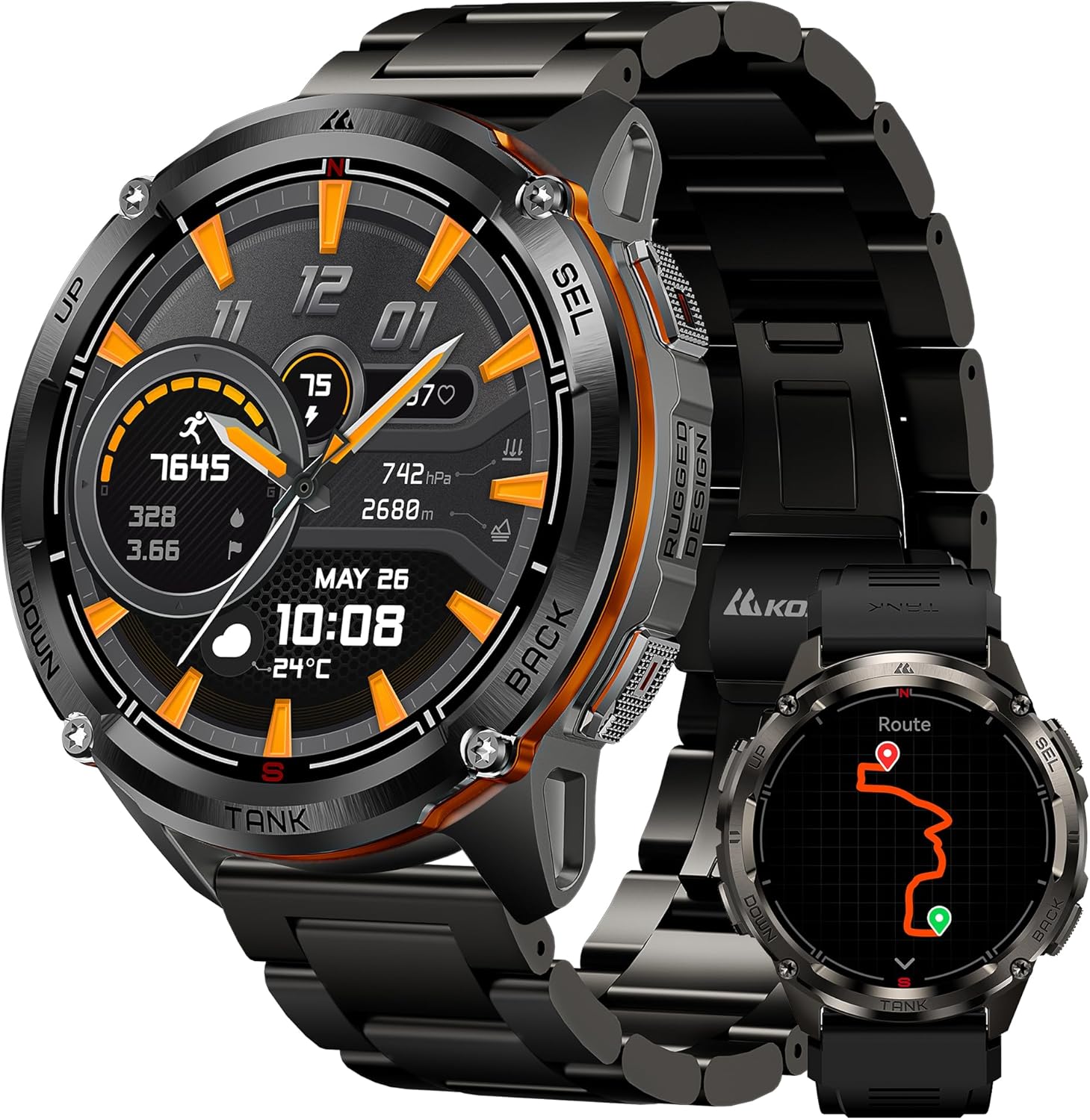 KOSPET Smartwatch uomo, Batteria extra large, impermeabile 50m, Corpo in acciaio inox robusto orologio militare con GPS, Display AMOLED da 1,43", Pressione, Altitudine e bussola
