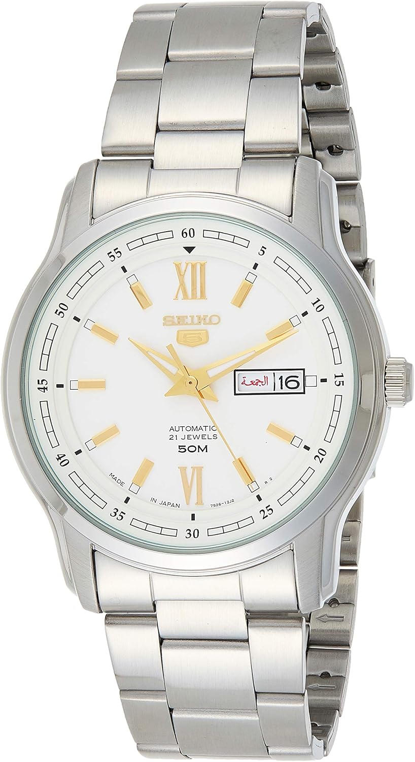 Seiko 5 Automatic White Dial Silver Stainless Steel Mens Watch SNKP15K1 Bracelet Fashion, Fashion