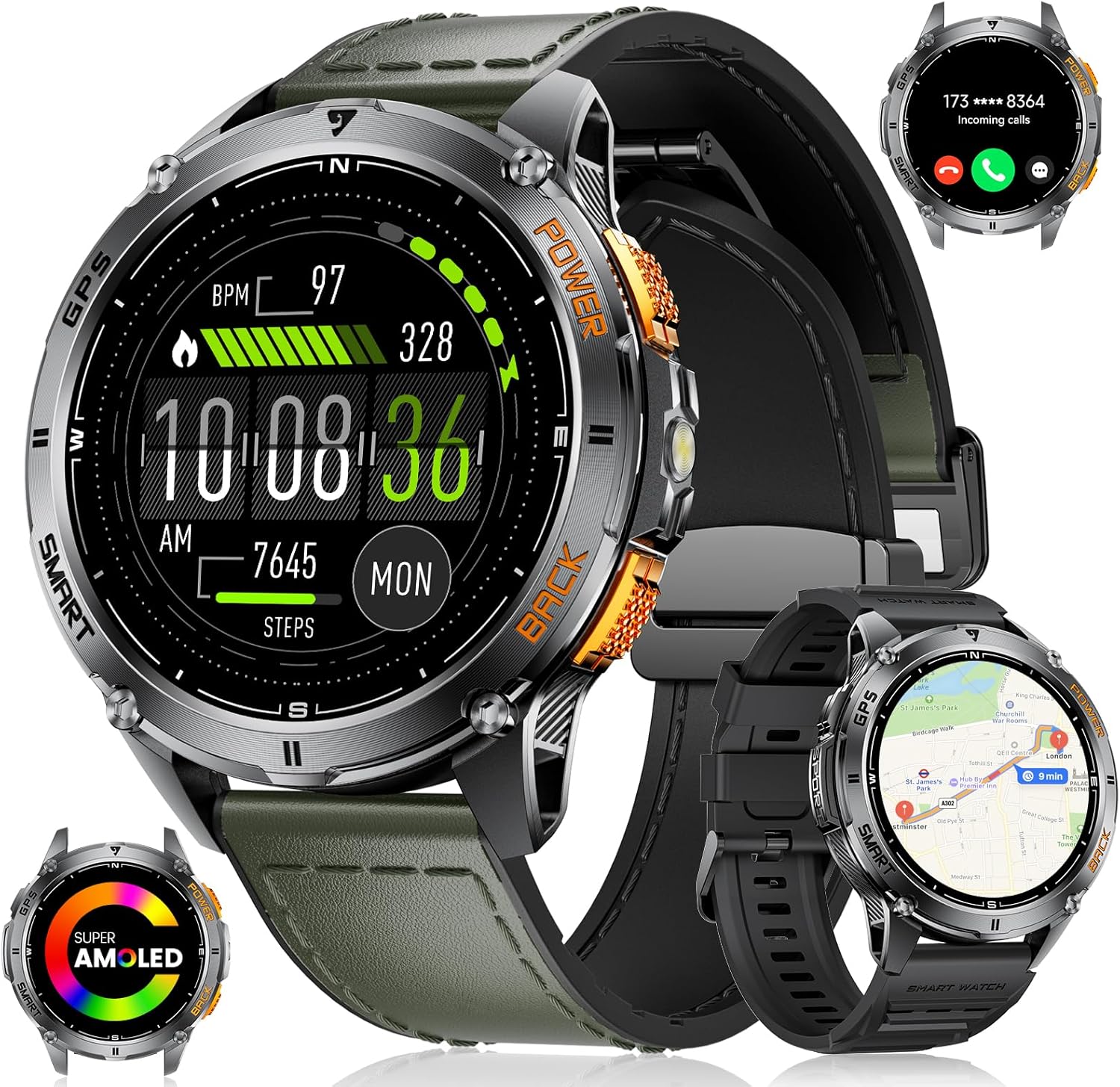 GPS Smart Watch for Men with LED Flashlight/IP68 Waterproof/30+ Days Battery, 1.43" AMOLED Display Fitness Tracker with Phone Function, Compass, Barometer, Altimeter, 110+