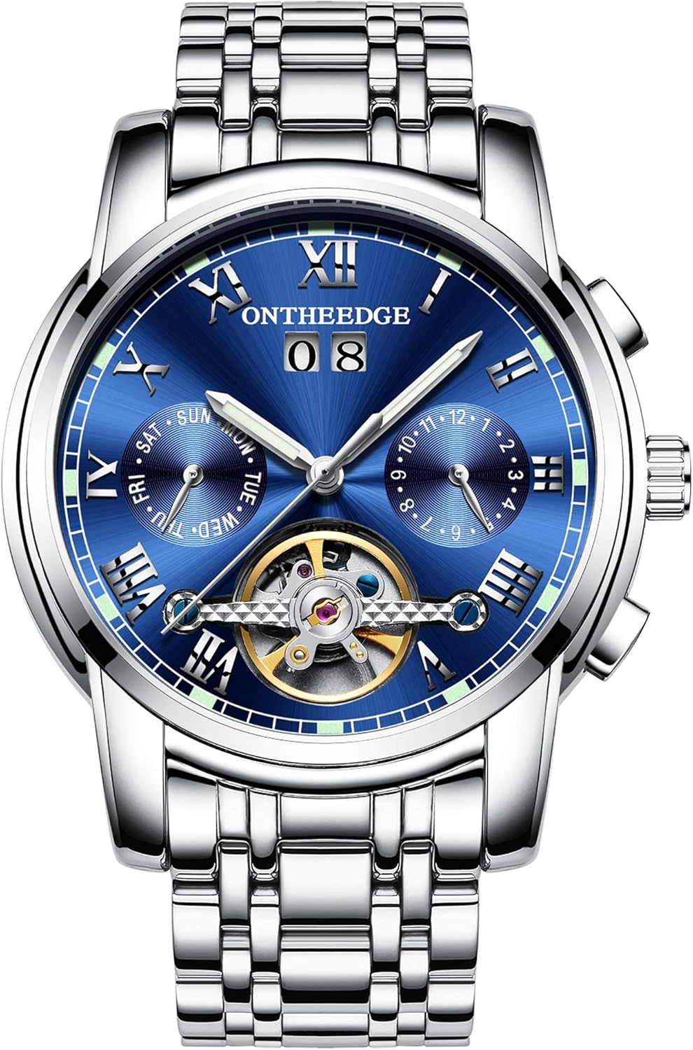 RORIOS Fashion Automatic Mechanical Tourbillon Men's Stainless Steel Wrist Watches with Luminous Calendar and Multifunction Pointer