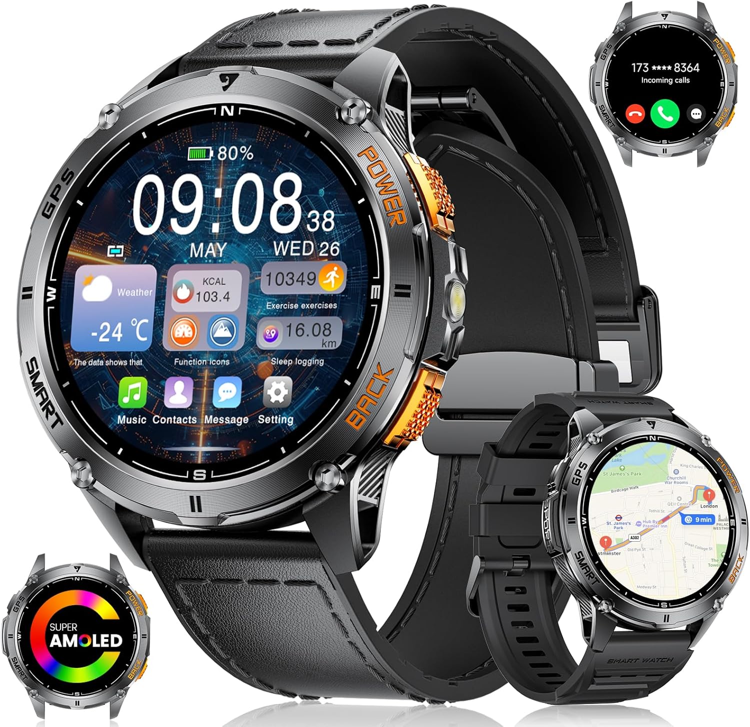 LIGE Men's Smartwatch with GPS, Health Monitor, 1.43 Inch AMOLED Military Smartwatch with 530 mAh Battery/110+ Sports Modes/LED Flashlight/Compass/Altimeter Smart Watch for Hiking