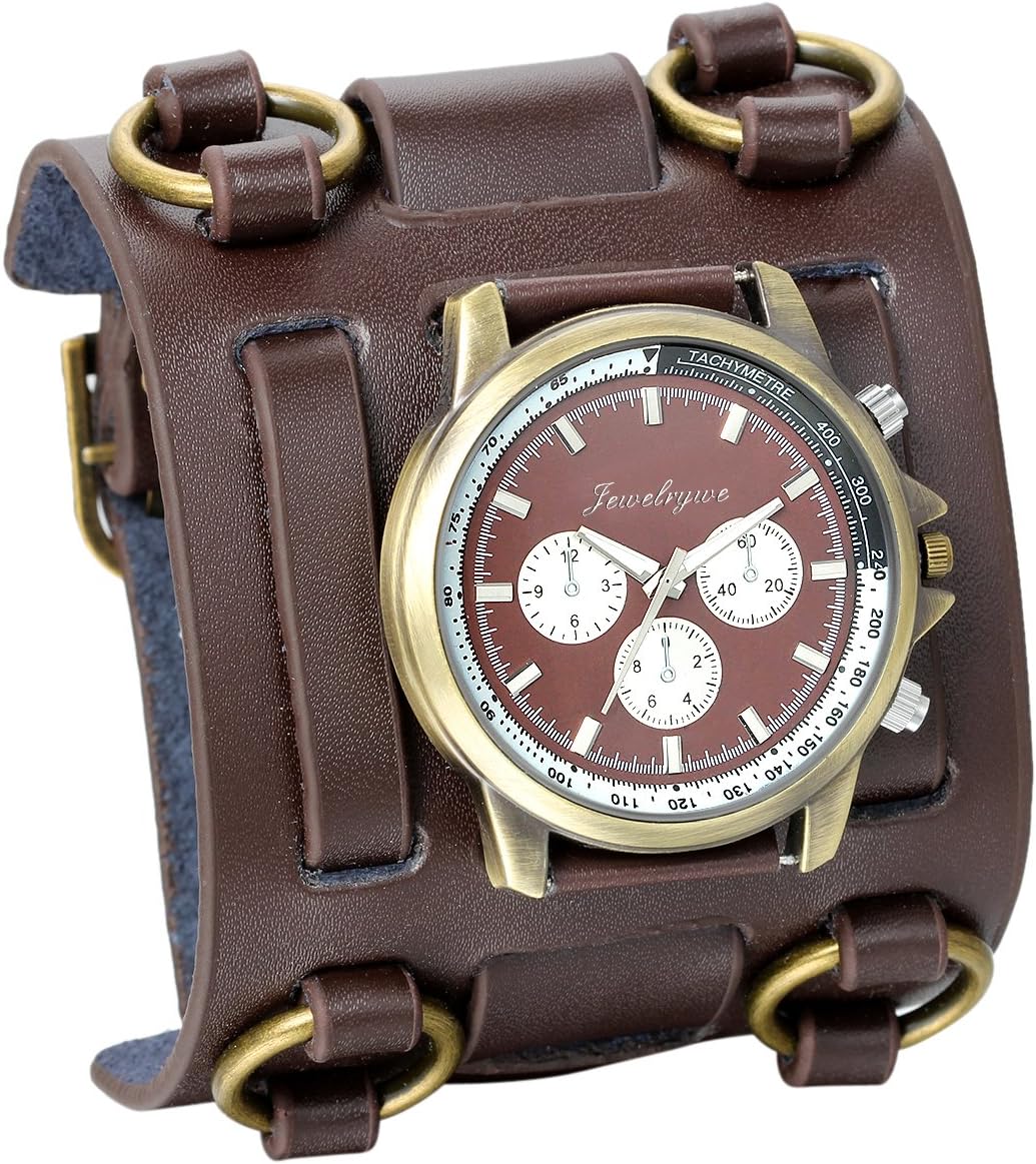 JewelryWe Men's Wrist Watch with Black/Brown Dial / Brown / Black Leather Wide Multi Styles