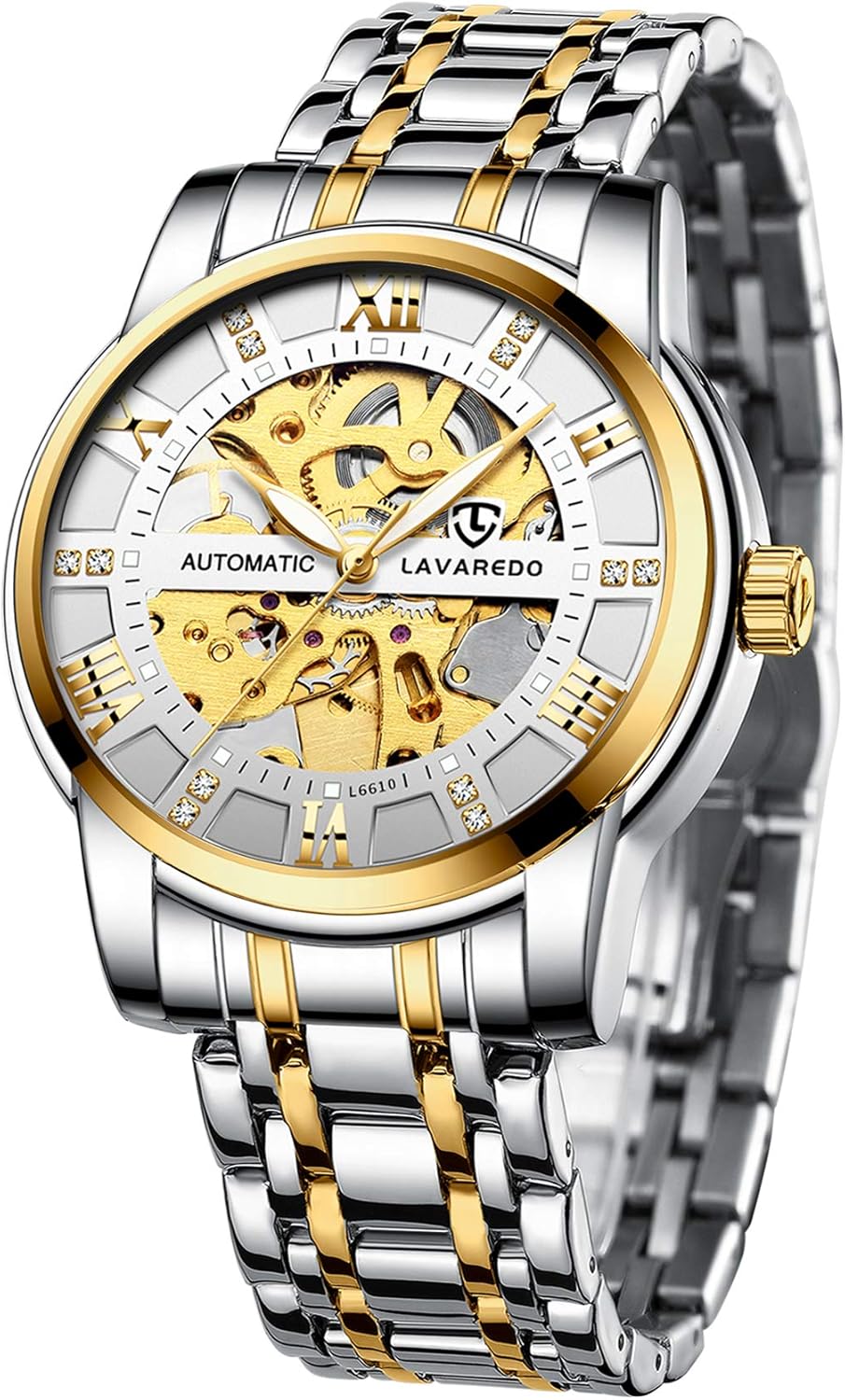 Men's Automatic Mechanical Skeleton Watch with Roman Style Dial with Diamond Decorated Stainless Steel Skeleton Strap, Luminous Pointer