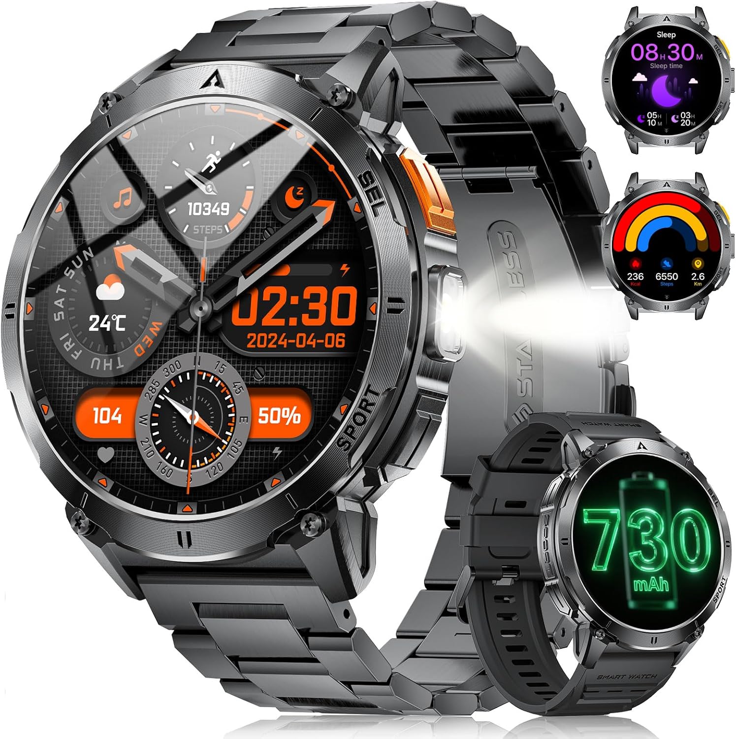 1.62 Inch AMOLED Men's Smartwatch Watch, 3ATM Waterproof Smart Watch with LED Flashlight for Android/iOS, Bluetooth Calls, 110+ Sports, 24/7 Heart Rate/Sleep Monitor, Graphite Black