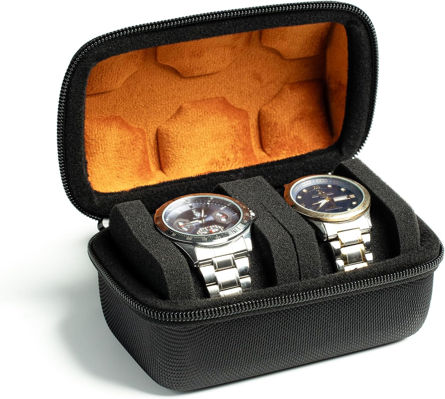 2 Compartment Watch Roll Up Travel Case for Men Watch Case Large Zipper Hard Watch Organizer Box with Anti-Movement Cushion (Black 2 Slot Microfiber Liner)