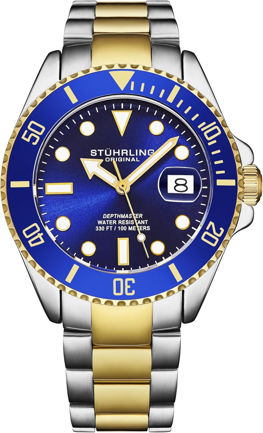 Stührling Original Men's Diving Watch Swiss Quartz Movement Luminous Dial Date Stainless Steel Watch 100M Resistance for Sports and Daily Use