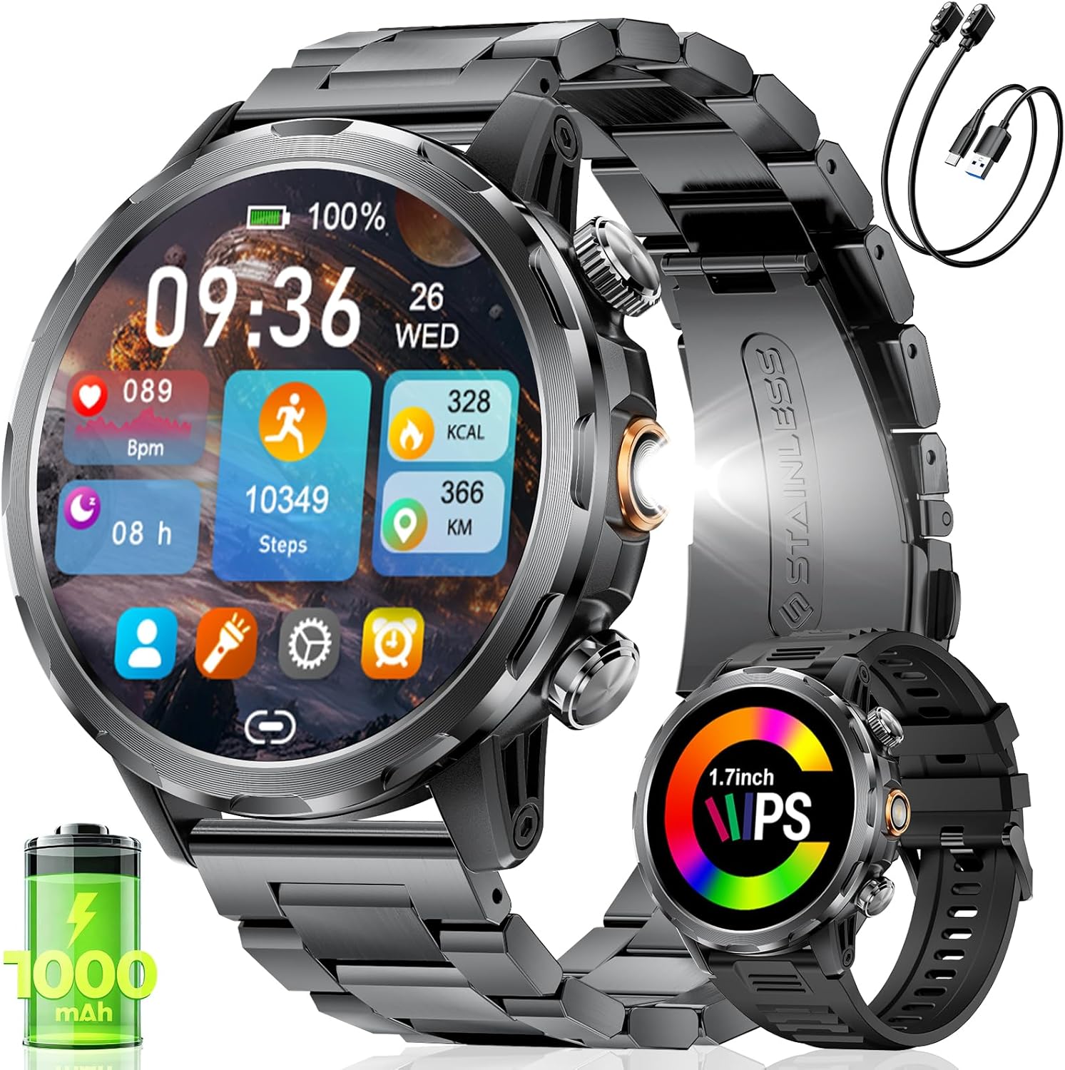 LIGE Men's Smartwatch with Bluetooth Call/1000 mAh Battery/LED Torch, 1.7 Inches Large, 100+ Sports Modes, Heart Rate Monitor, Sleep, Notifications Smartwatch Watch for Android iOS, Black