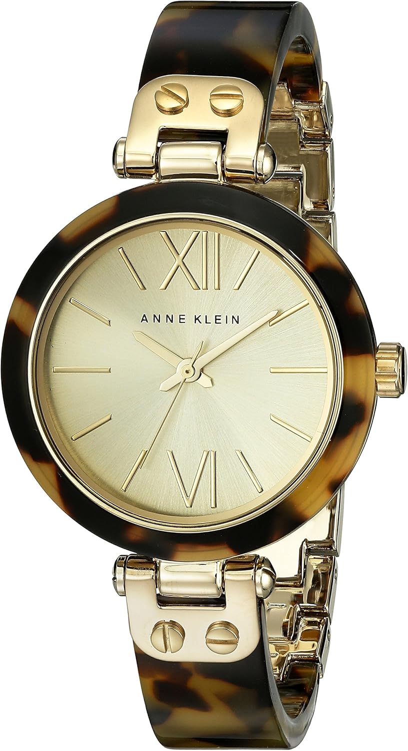 Anne Klein Women's Quartz Watch with Gold Dial Analogue Display and Brown Plastic Bangle 10/9652CHTO