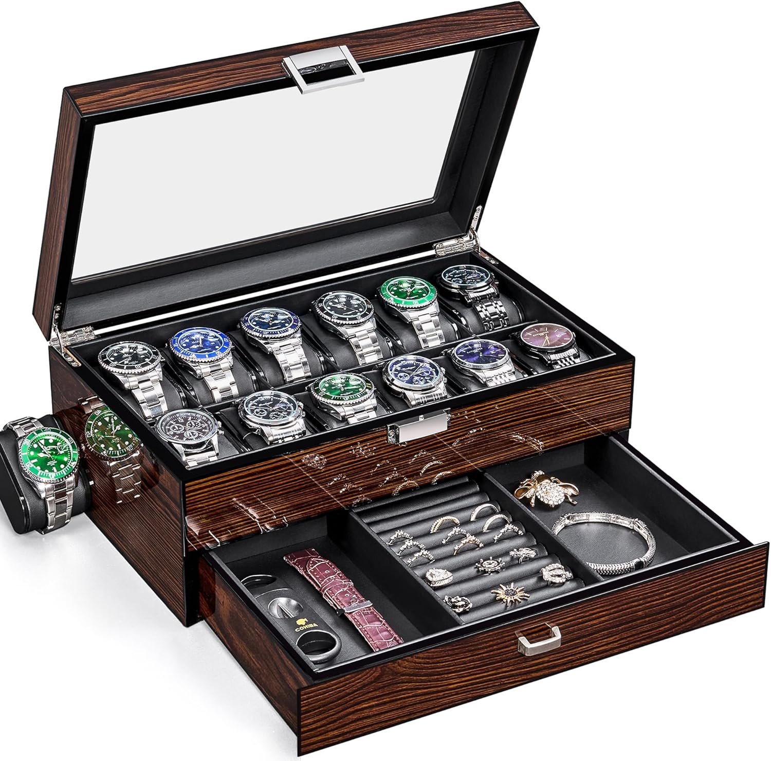 BEWISHOME ESSH02Y ESSH02Y 12 Men's Watch Box with Drawer Tray, Luxury Watch Box, Watch Box for Men's Accessories with Real Glass Top, Metal Hinge, Brown