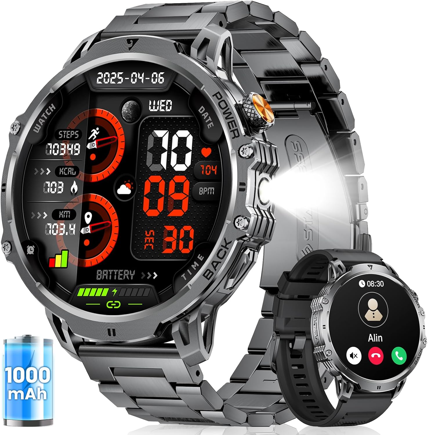 FITFLEX Men's Smartwatch with Bluetooth Calling, 1.85 Inch HD Large Touch Screen Smart Watch with 1000 mAh/LED Light/120 Sports Modes/Heart Rate/Sleep Monitor/IP68 Waterproof, Android IOS
