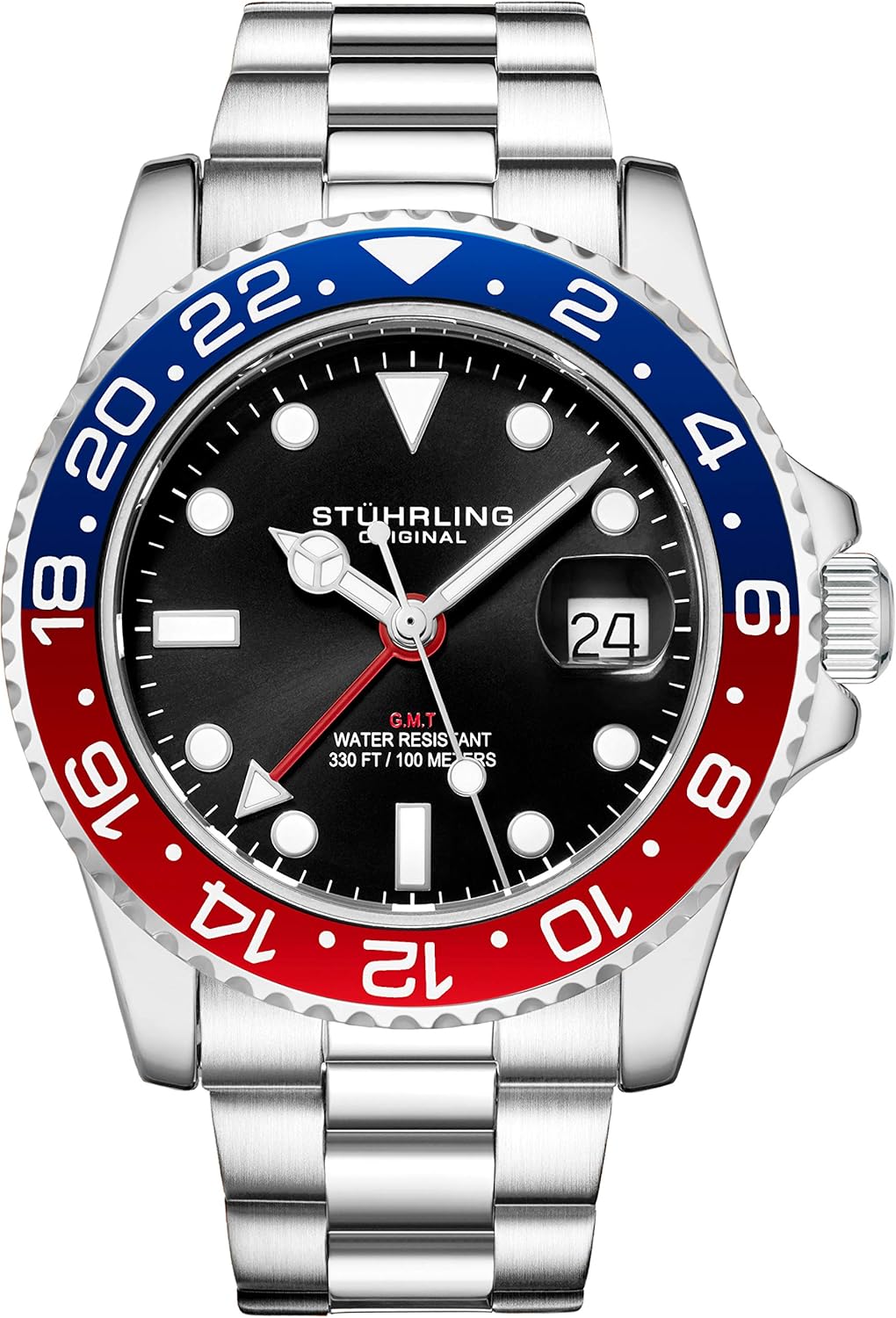 Stührling Men's Original GMT Movement Jubilee Stainless Steel Bracelet Quartz Dual Time Zone Quick Adjust Date with Screw Down Crown