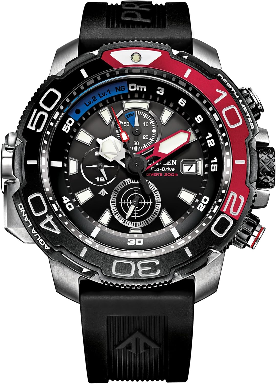 Citizen Eco-Drive Promaster Aqualand PU Strap Black Dial with Red Accents Chronograph (Model: BJ2167-03E) Black Modern, Black, Modern