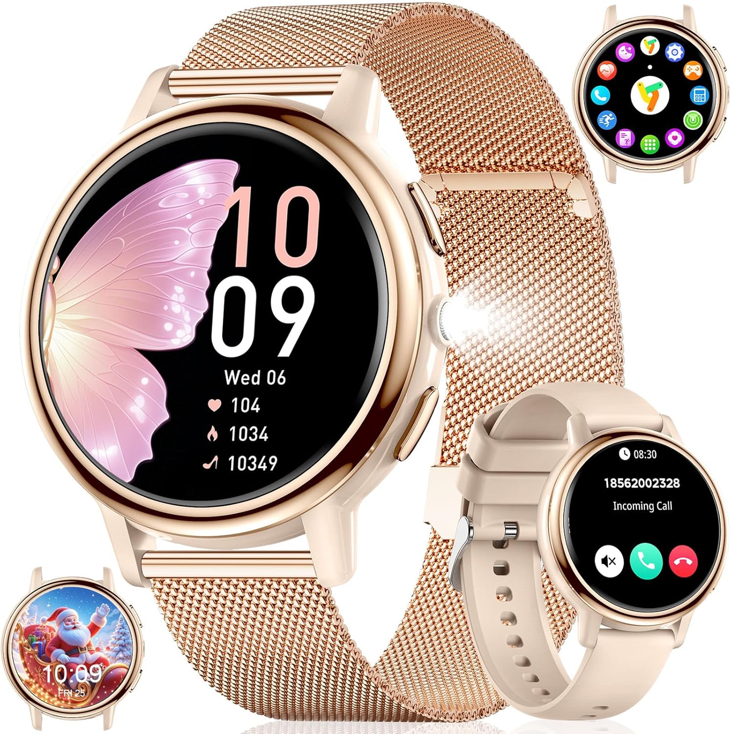 Women's Smartwatch Watch with LED Flashlight, 1.26 Inch HD Screen Smart Watch with Phone Function, IP68 Waterproof, 110+ Sports Modes, Menstrual Cycle for iOS Android, 2 Straps