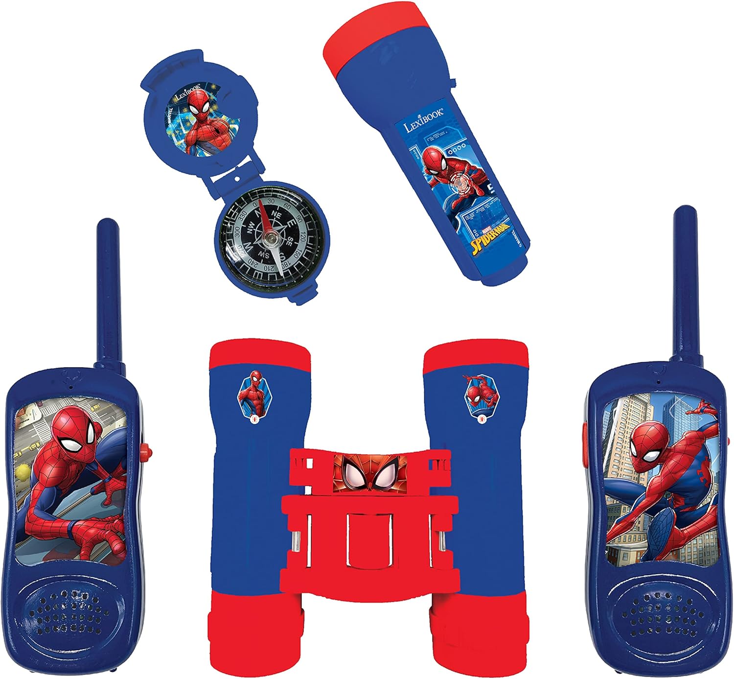 Lexibook, Spider-Man RPTW12SP Children's Adventurer Set, Walkie-Talkie 120 m, Binoculars, Compass, Flashlight, Blue/Red