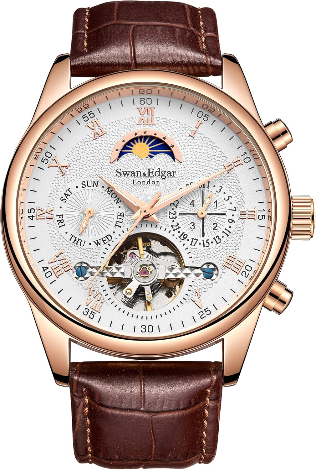 SWAN AND EDGAR Complexity Designer Men's Automatic Watch with Sapphire Crystal, Day, Date & Business Quarter, 30M Water Resistant Leather Strap, Men's Analogue Watch with 5 Year Warranty