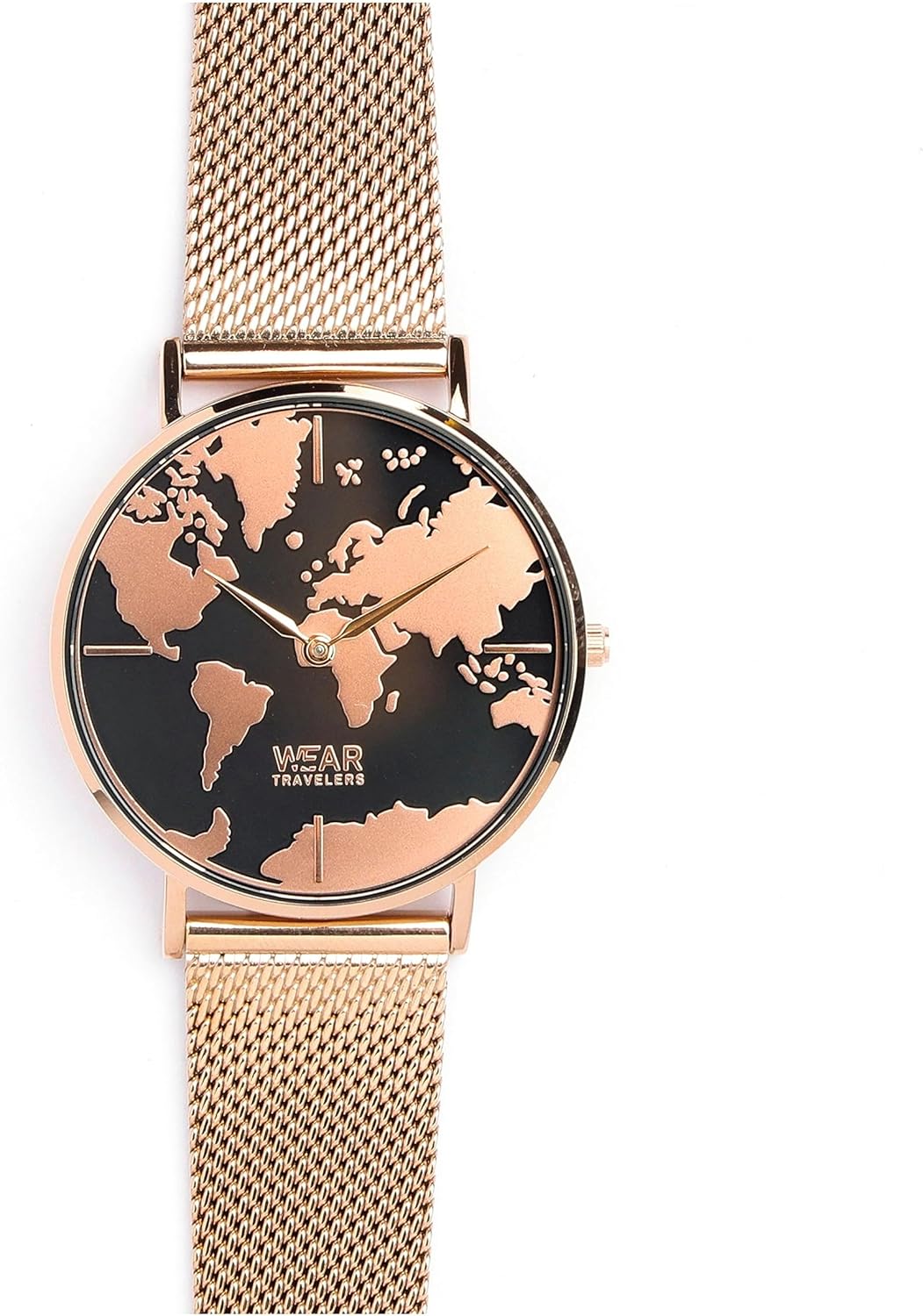 WearTravelers Women's Wrist Watch with World Map – 326L Steel (Waterproof – 3ATM) – Gift Idea for Traveller – GlobeTrotter Model (Rose Gold), pink gold, Bracelet