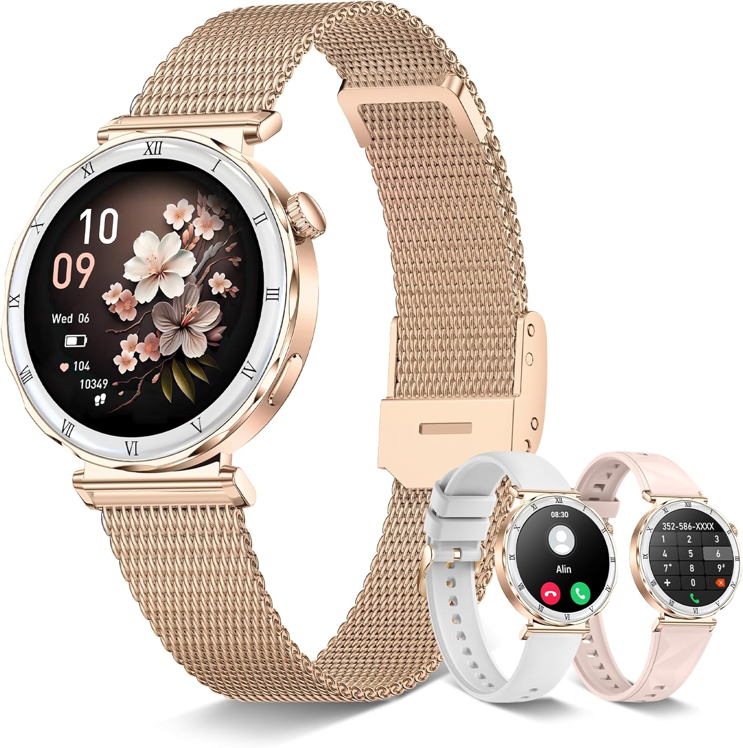 AMOLED Women's Smartwatch with Bluetooth Calls, Round Smart Watch with Sleep Monitor/SpO2/FC,120+ Sport Modes, Pedometer, IP67 Android/iOS, 3 Straps (Rose Gold)