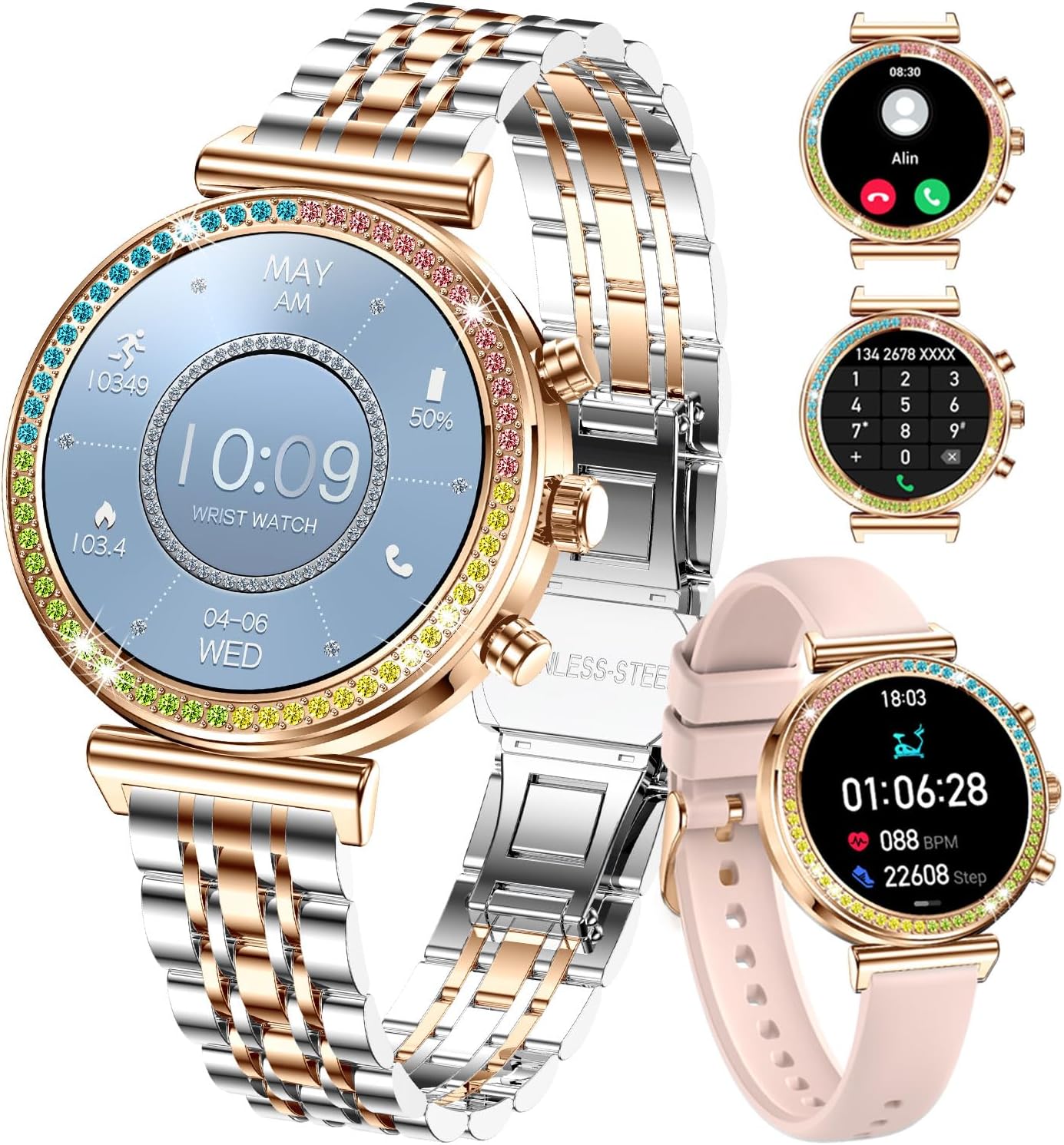 Smartwatch Fitness Da Donna, Display HD Da 1,27 Policy, Chiamata Bluetooth, Smartwatch Sportivo Impermeabile, Cardiofrequenzimetro, Contapassi - Compatibile Con Android e iOS (Oro bicolore)