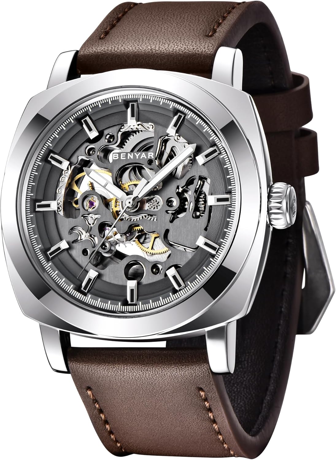 BENYAR Men's Automatic Mechanical Wrist Watch | Leather Strap | 45mm Skeleton Dial | Scratch Resistant | Stylish Gift for Men