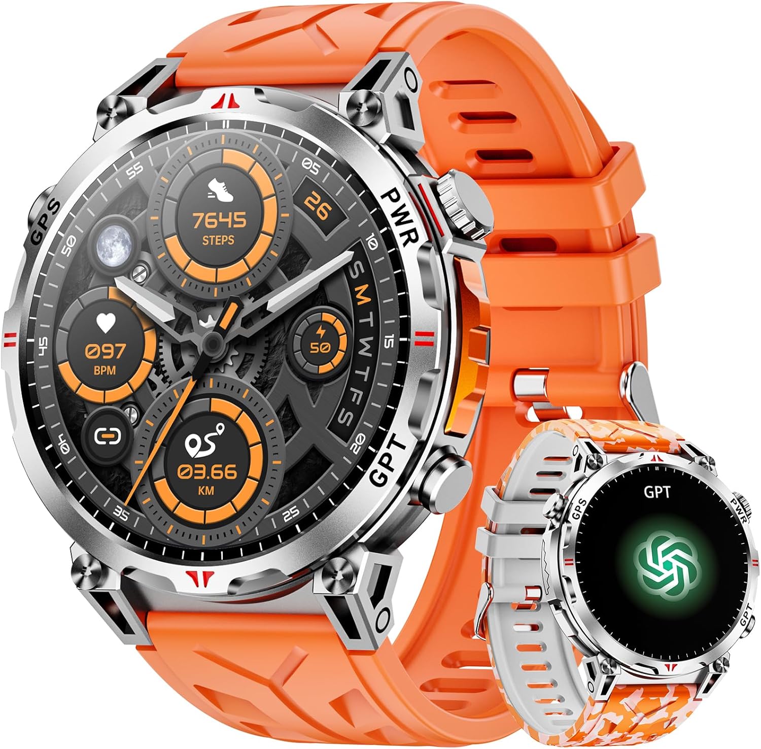 GPS Compass Military Smart Watch with GPT Voice Assistant, 1.56" AMOLED Screen, Compatible with Android and iOS (Bluetooth Calls/Dial), Multiple Sports Modes (Orange)