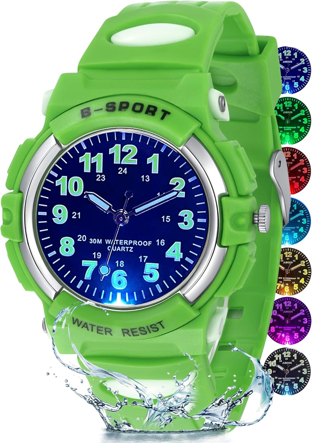 Juboos Children's Analogue Watch with 7 Color Night Lights, Waterproof, Soft Strap, Quartz Watch for Boys and Girls 5-18 Years Old