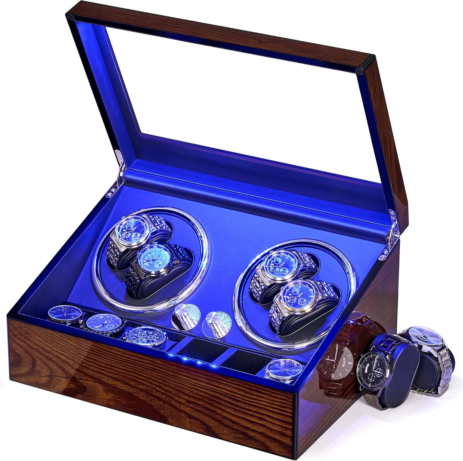 BEWISHOME Automatic Watch Winder, Automatic Watch Winder with LED Light, 4 Silent Motor Watch Winders and 6 Watch Cases for Men/Women, Brown SYQ01Y
