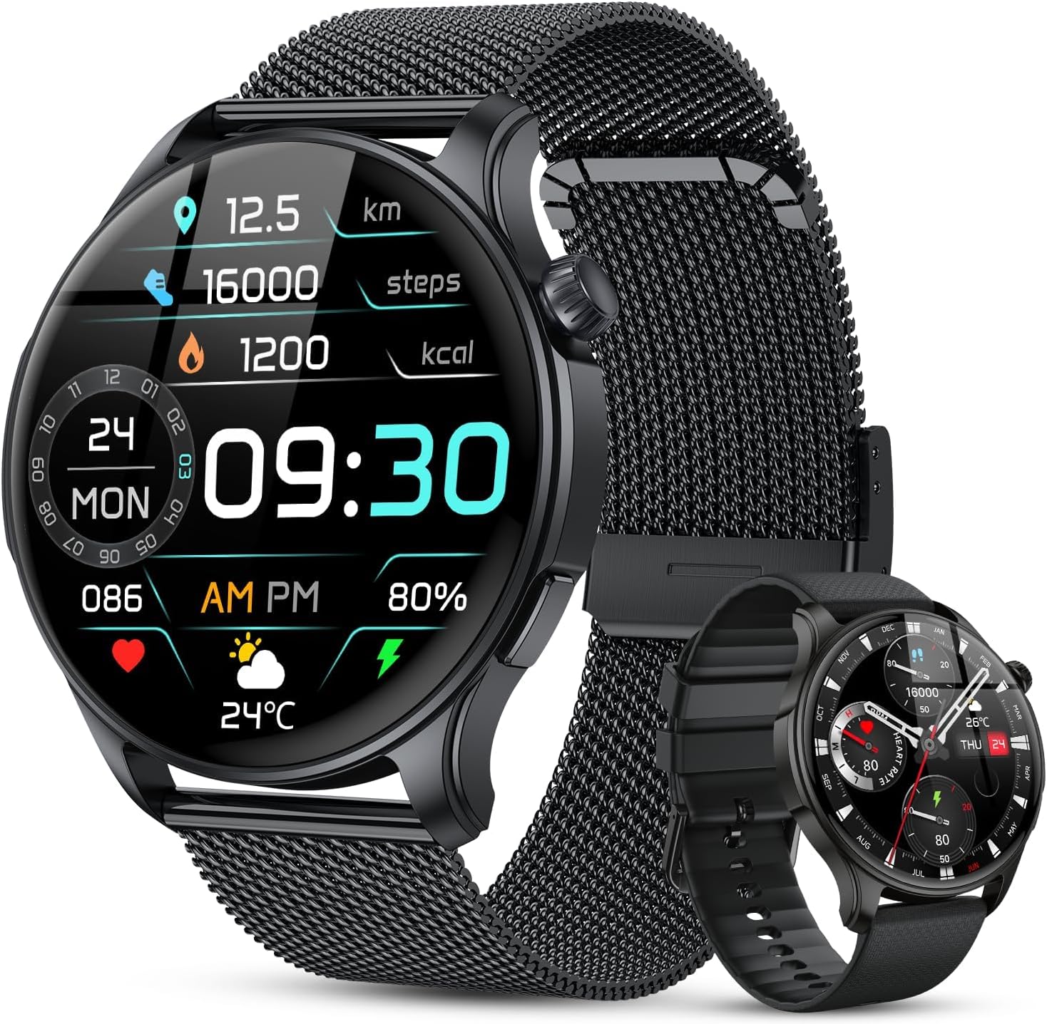 Smartwatch Men Women Fitness Watch: Bluetooth Call Answer 1.43 Inches Waterproof Digital Smart Watch Tracker Heart Rate Monitor Sports Calories Pedometer for Android iOS