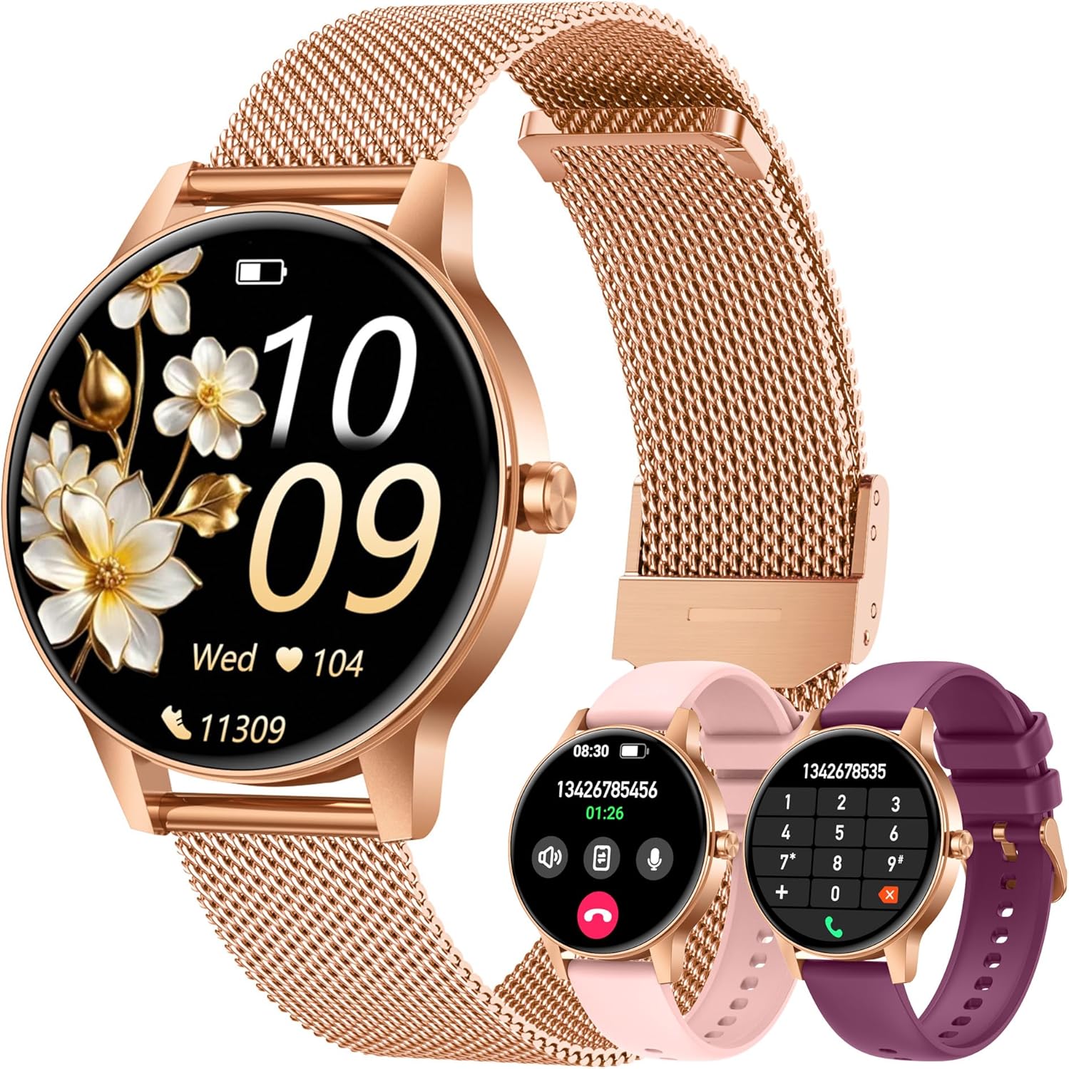 Women's Smartwatch Bluetooth Calls: 1.27 Inches Round Touch Smart Watch Waterproof Sport Fitness Pedometer Heart Rate Monitor Pressure Caloriec Gold Wrist for Android iOS Phone